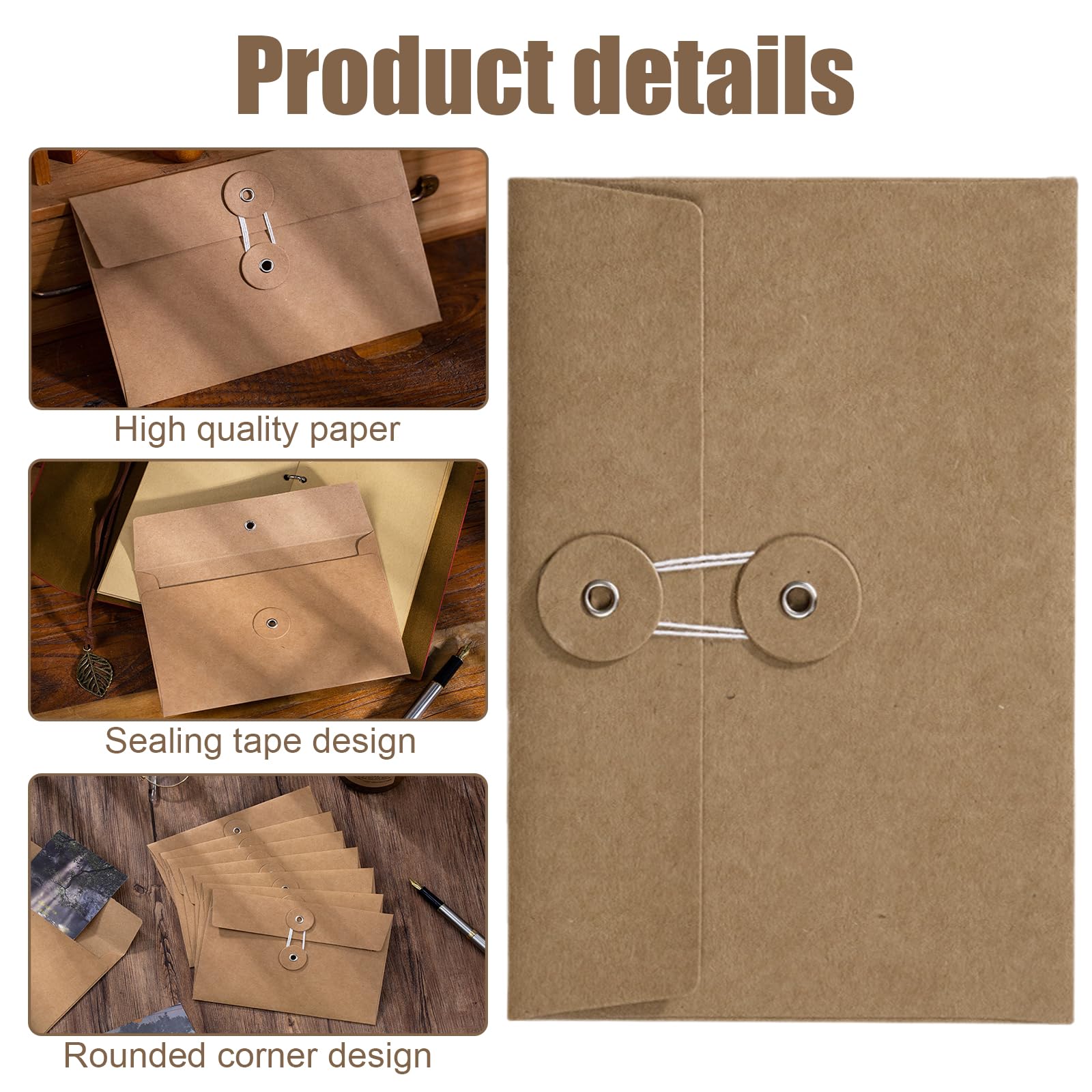 Huakaile 12 Pcs Brown Envelopes 6"x4" with Button and String Closure, String Tie Craft Envelopes - Image 3