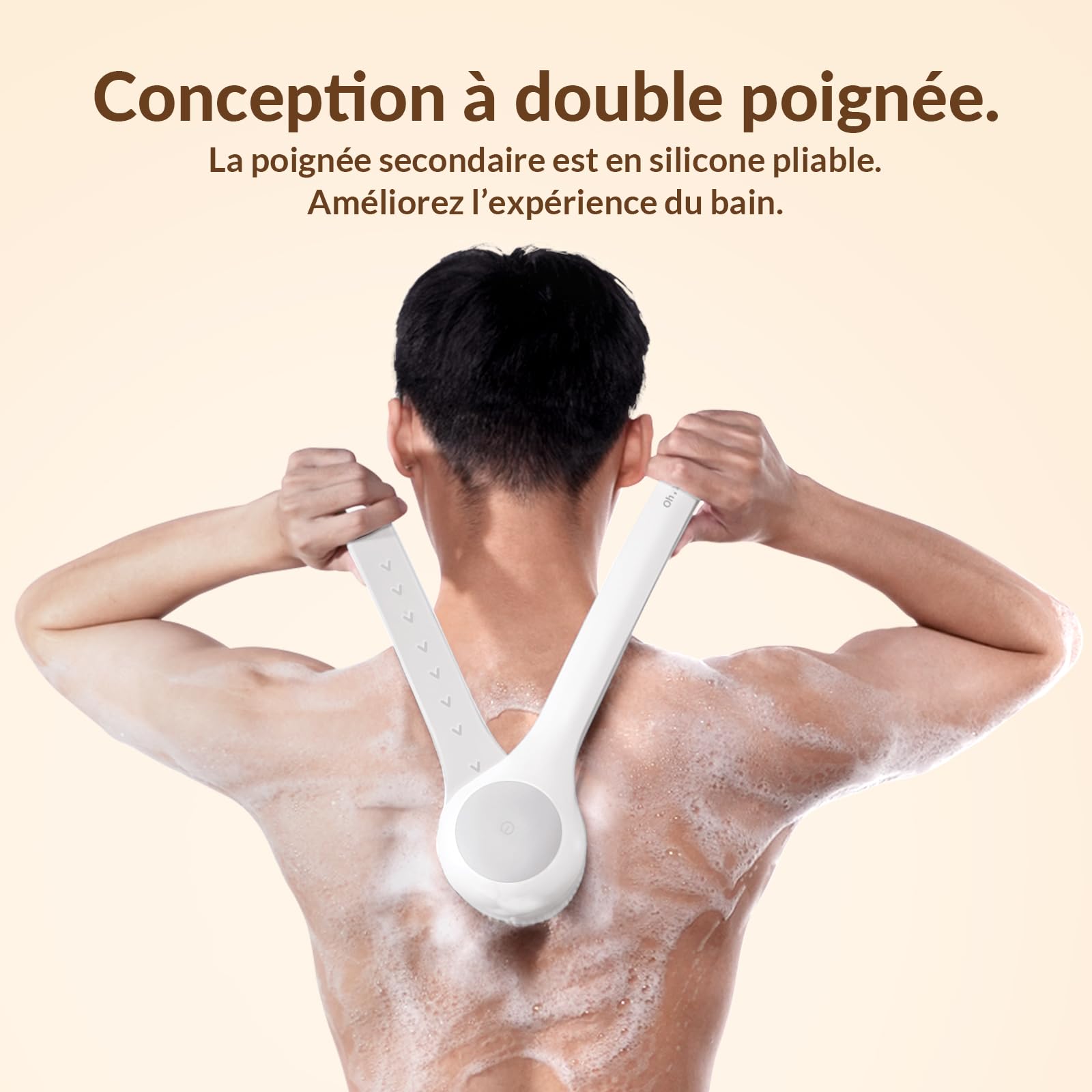 Brosse à récurer électrique pour le dos, brosse sèche, étanche IPX7, charge USB, longue poignée, applicateur de lotion pour le dos, hommes, femmes, jeunes personnes âgées – Blanc perle