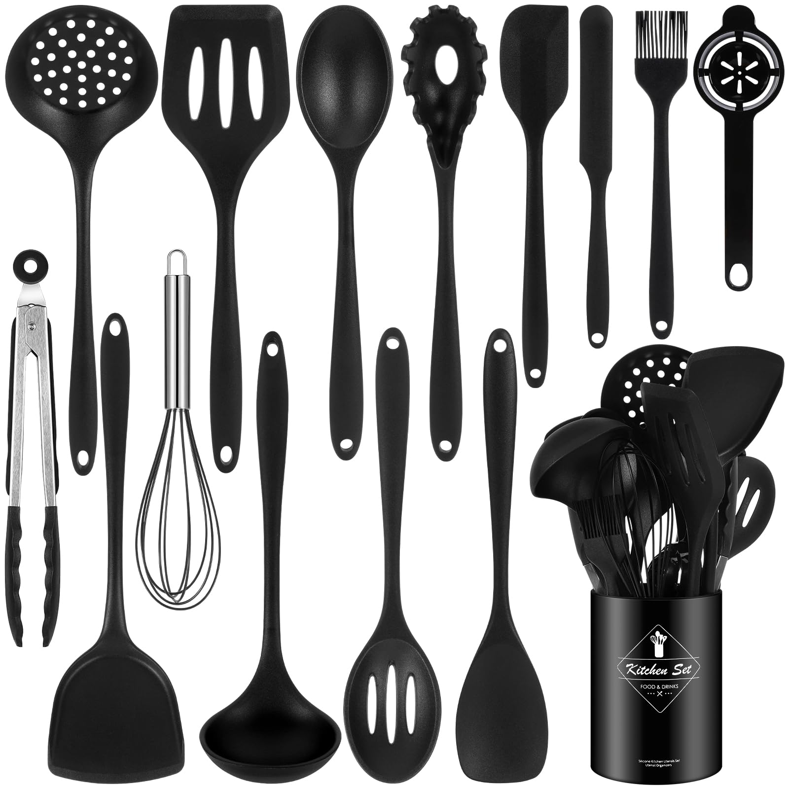DEPAR 15 Teiliges Küchenhelfer Set Silikon, BPA-Frei, Hitzebeständiges Küchenzubehör Küchengeschirr mit Aufbewahrungseimer Pfannenwender, Löffel, Schneebesen, Lebensmittelzange, Spülmaschinenfest Küche, Haushalt & Wohnen