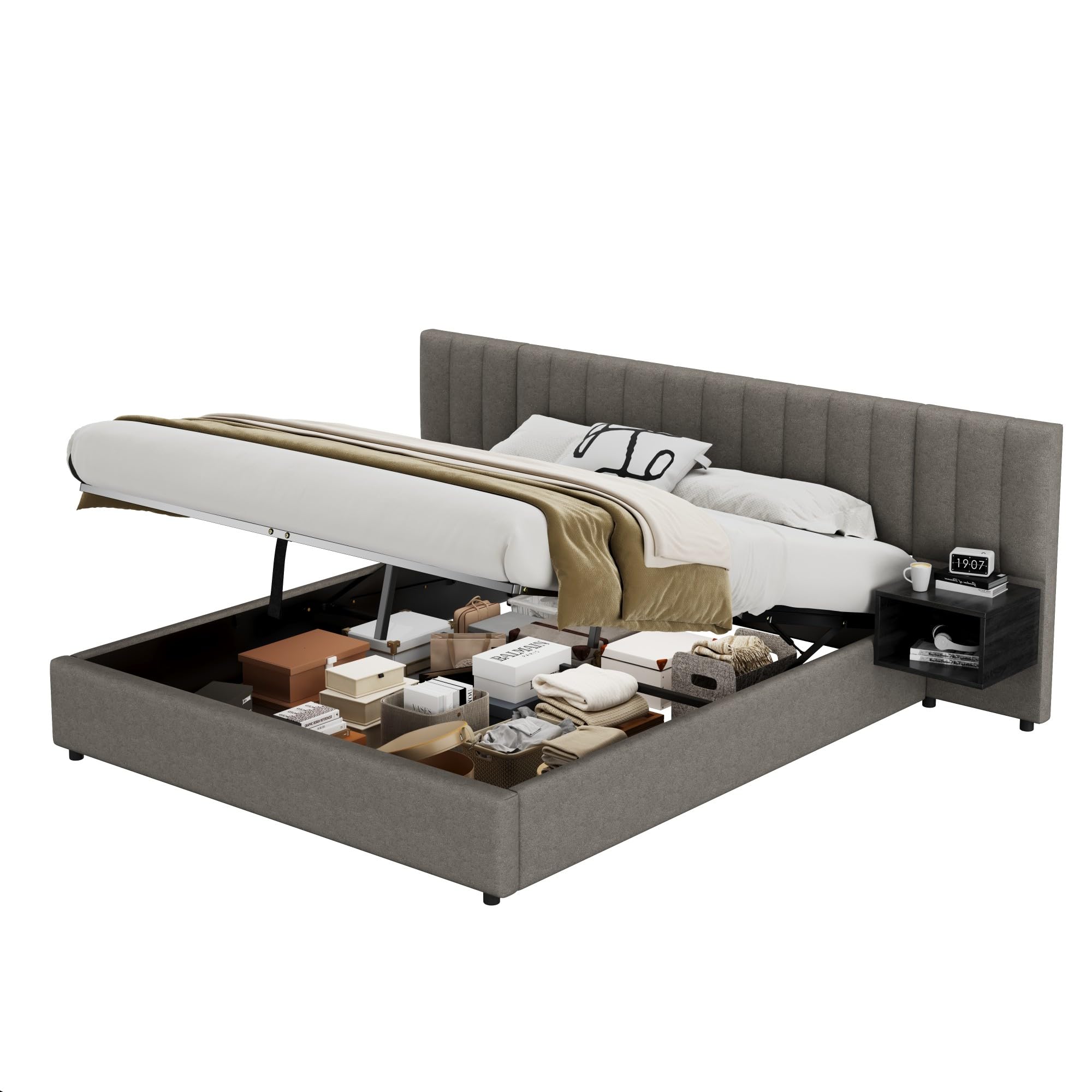 Cama Tapizada 180 x 200 cm con Almacenaje Hidráulico y Dos Mesillas con Cajones, Somier de Láminas de Madera, Cama para Dormitorio de Adultos y Jóvenes, Fácil Montaje, Tela Lino, Gris y Negro