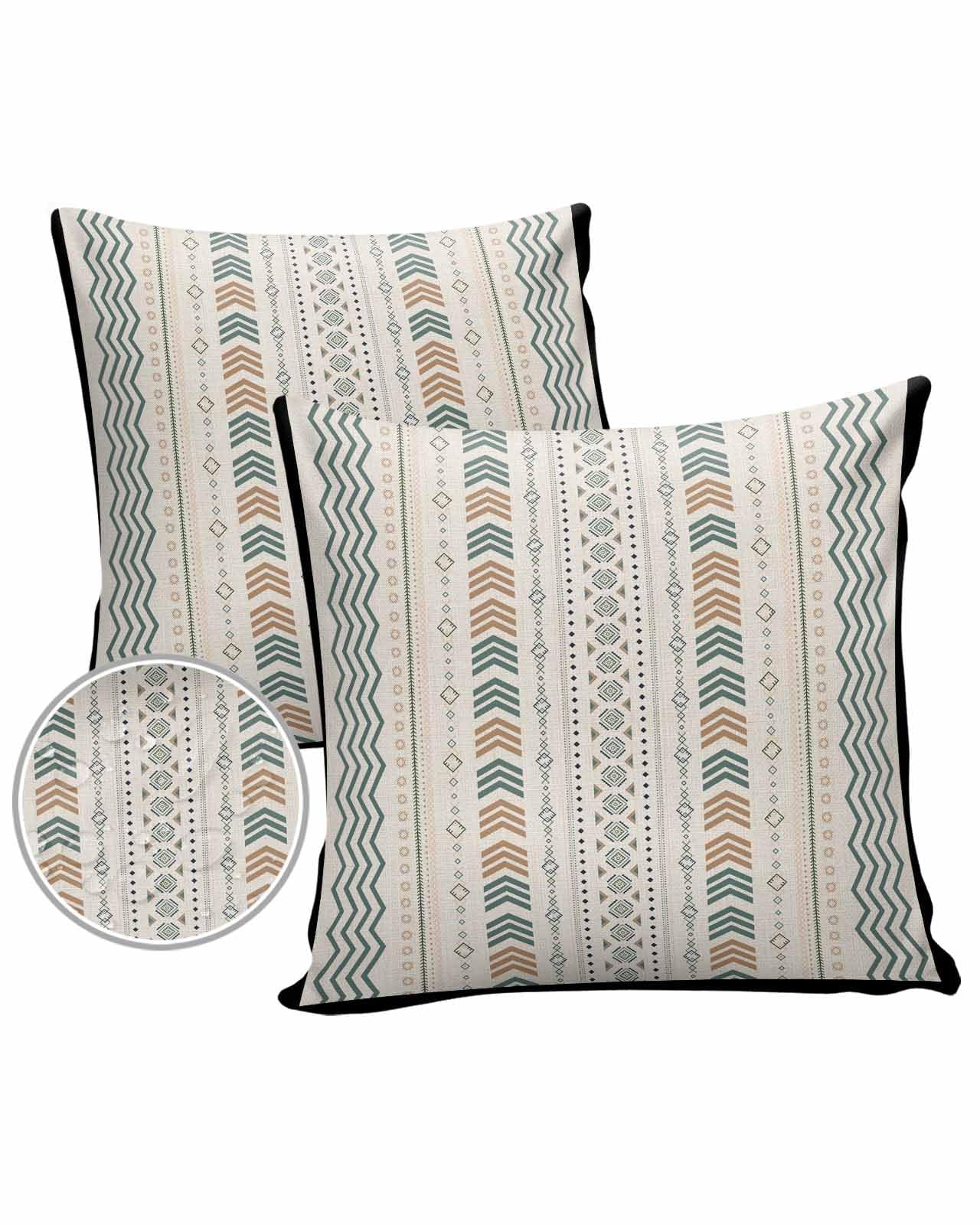 Boho Beige Outdoor Pillow Cover 16x16 Inch Cushion Sham Case,Waterproof Decorative Square Throw Pillowcase for Outside Garden Patio Porch Couch Chair Tent Bohemia Flower Geometric Modern Stripes