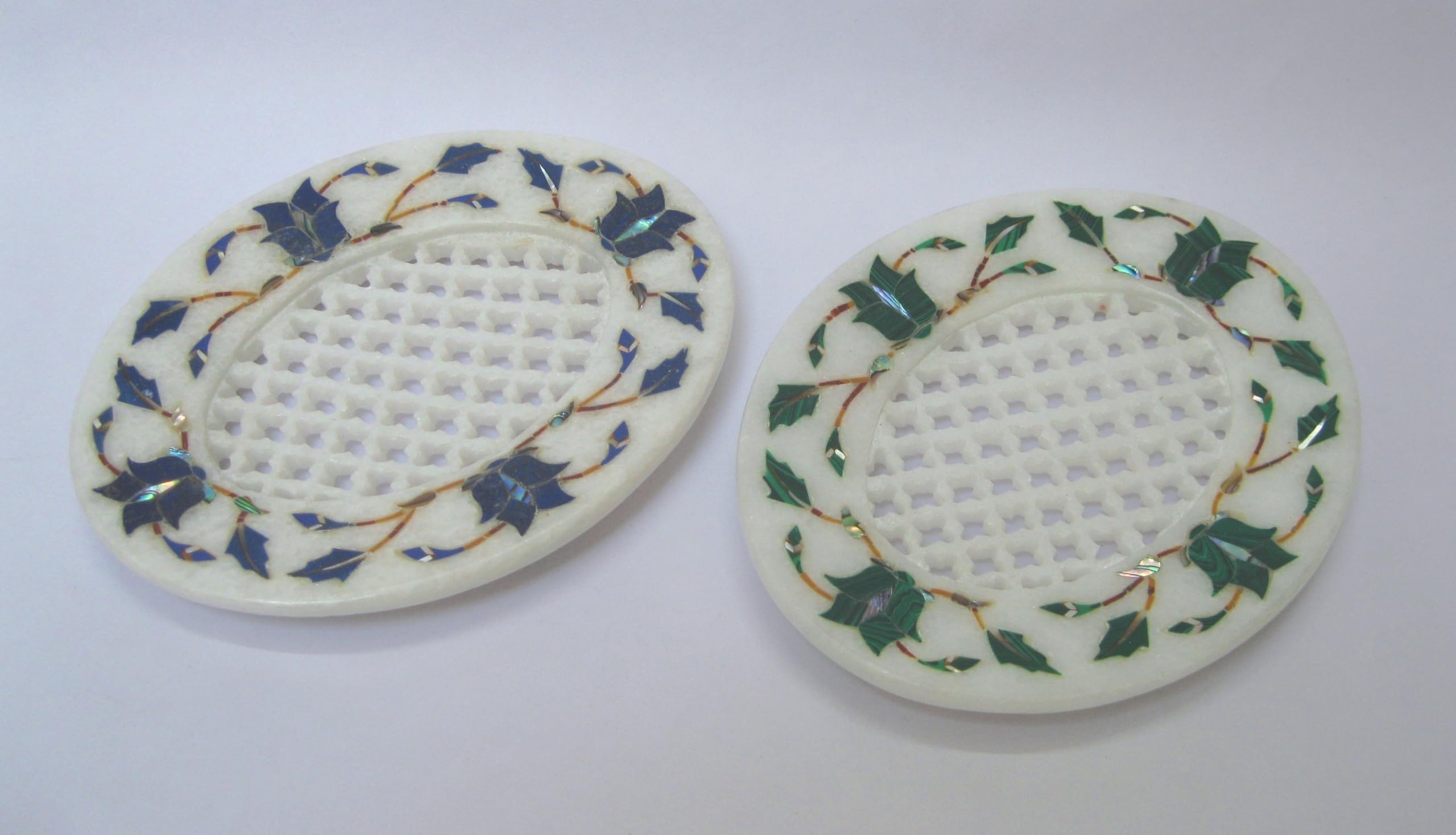 Set di 2 portasapone in marmo bianco di lusso, forma ovale, con lavorazione in filigrana, fatto a mano, 12,7 x 10,2 cm, per lavanderia e decorazione del bagno di casa, regalo di Capodanno