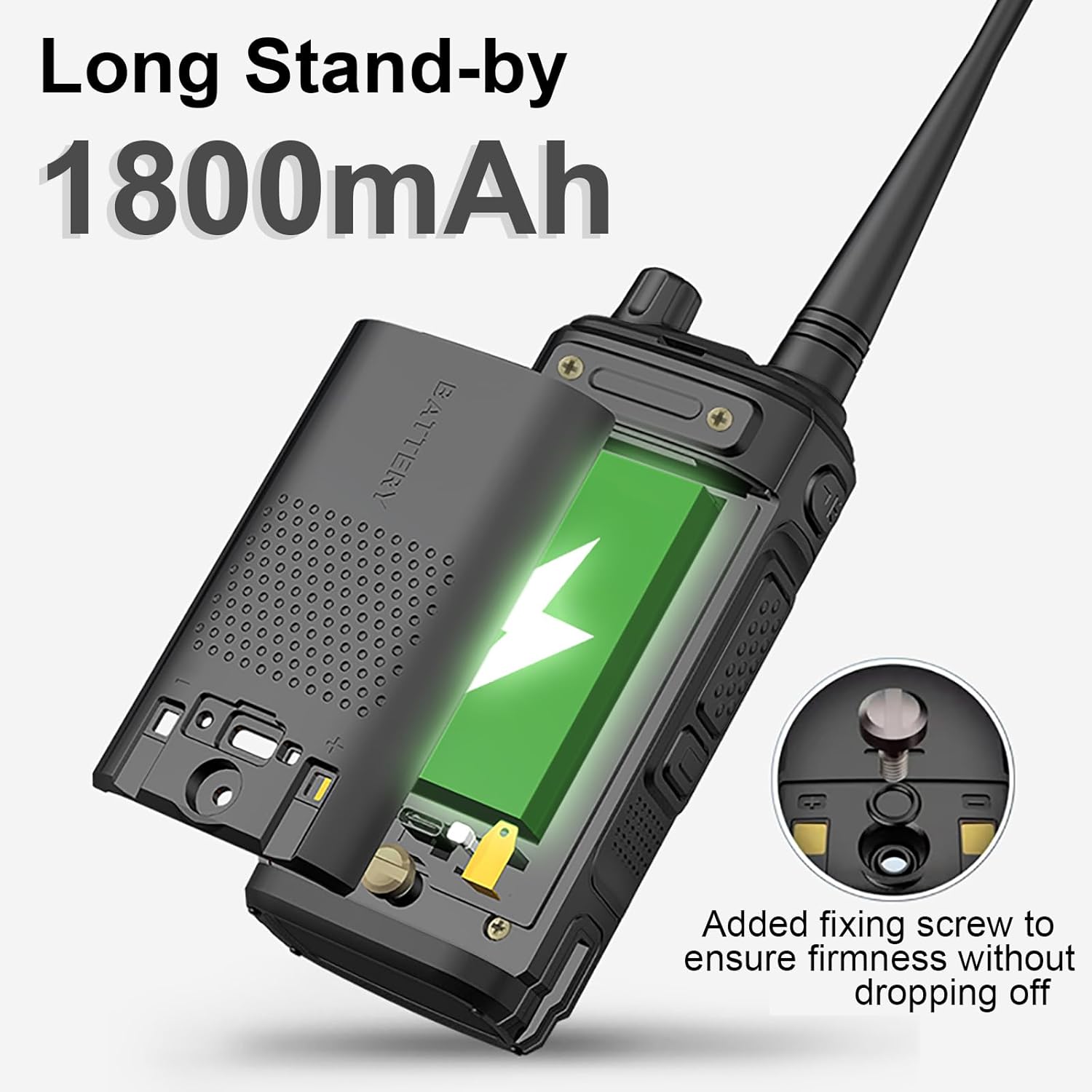BAOFENG UV-17 radio with its 1800mAh battery compartment open, showing the battery and an added fixing screw for secure placement.