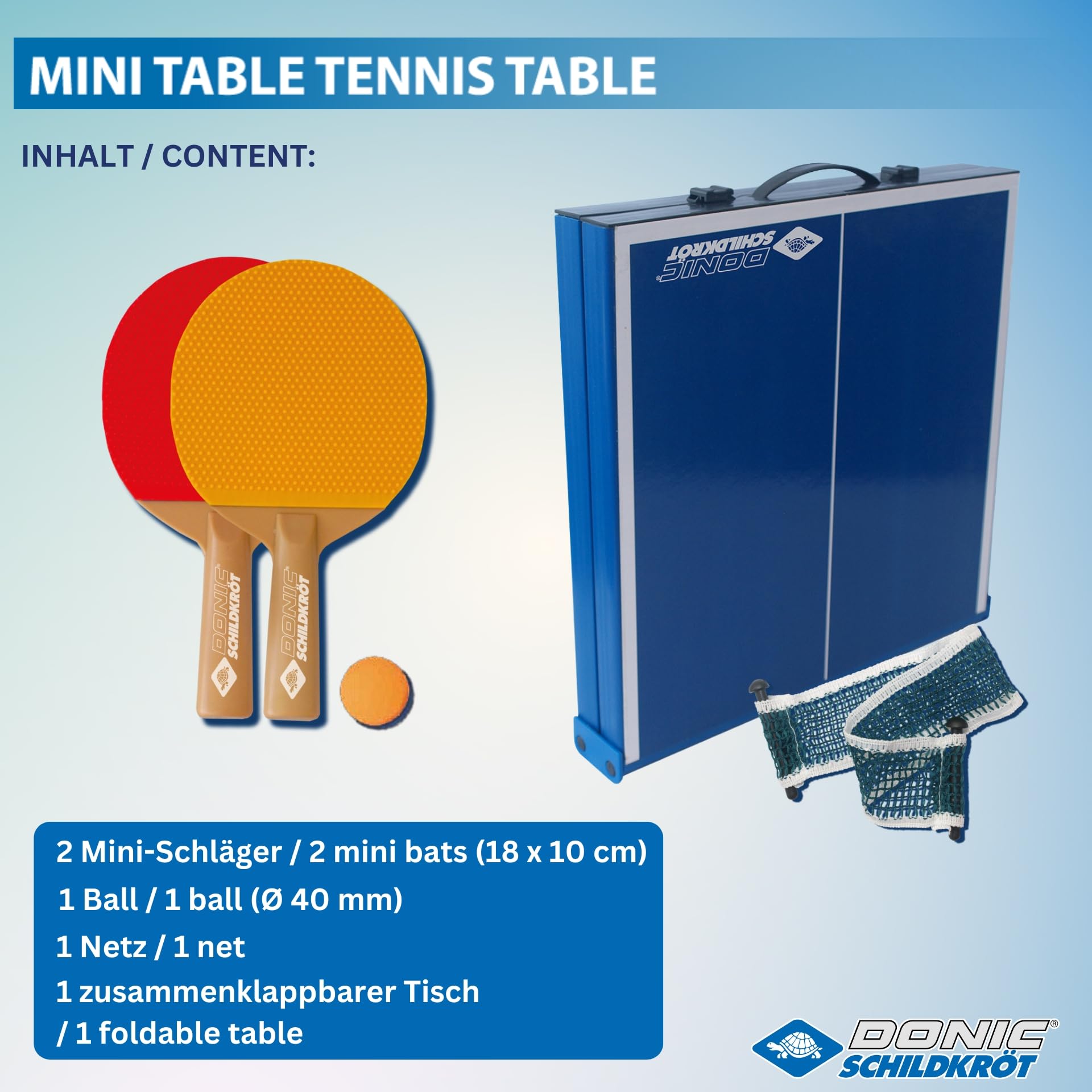 Donic-Schildkröt Mini Tavolo da Ping Pong, com 2 Racchette e 1 Pallina, Pieghevole in una Valigetta, 838576