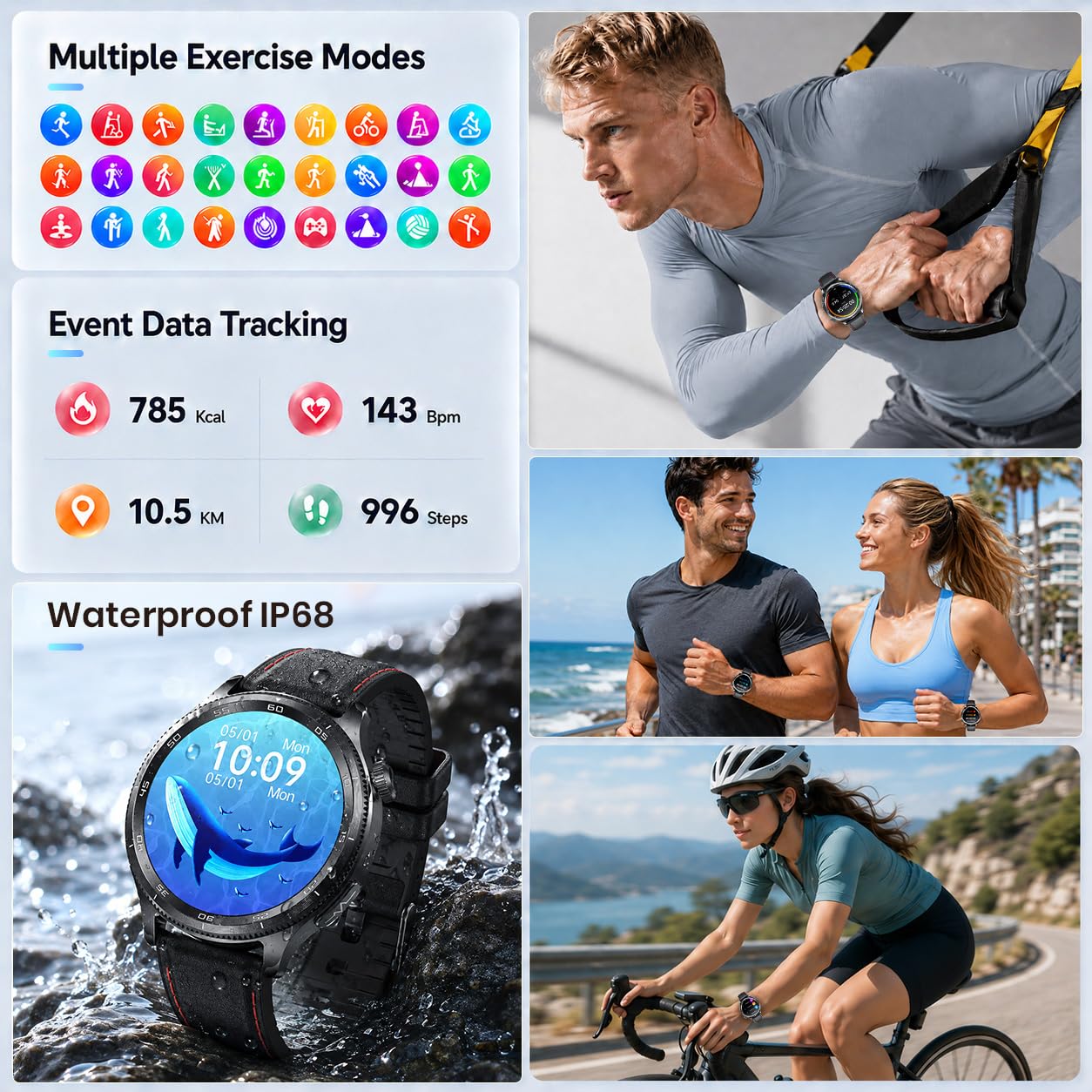 ECG Montre Connectée Homme Smartwatch - HRV MET BMI Repondre Appel Cardiofréquencemètre Tensiomètre SpO2 Sommeil Podomètre IP68 Multisports Santé Fitness Sport 1.43" Montre Intelligente Android iOS