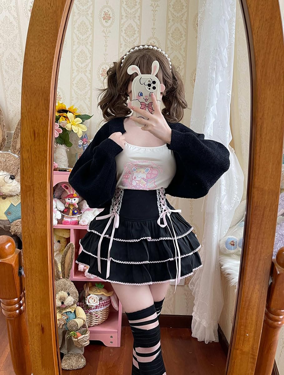 Lolita Tiered Mini Skirt Women Skorts Kawaii Layered Ruffle High Waist Lace Up A Line Cute Skirts for Teen Girls - Image 2