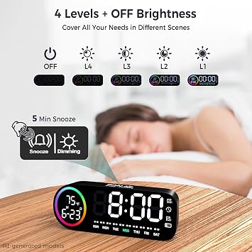 Vinabo Digital Alarm Clock with 7 Color Night Light, 4 Brightness Levels, Large LED Temperature Display, Voice Control, 12/24H, USB Port, Snooze, Power Off Memory (Black)