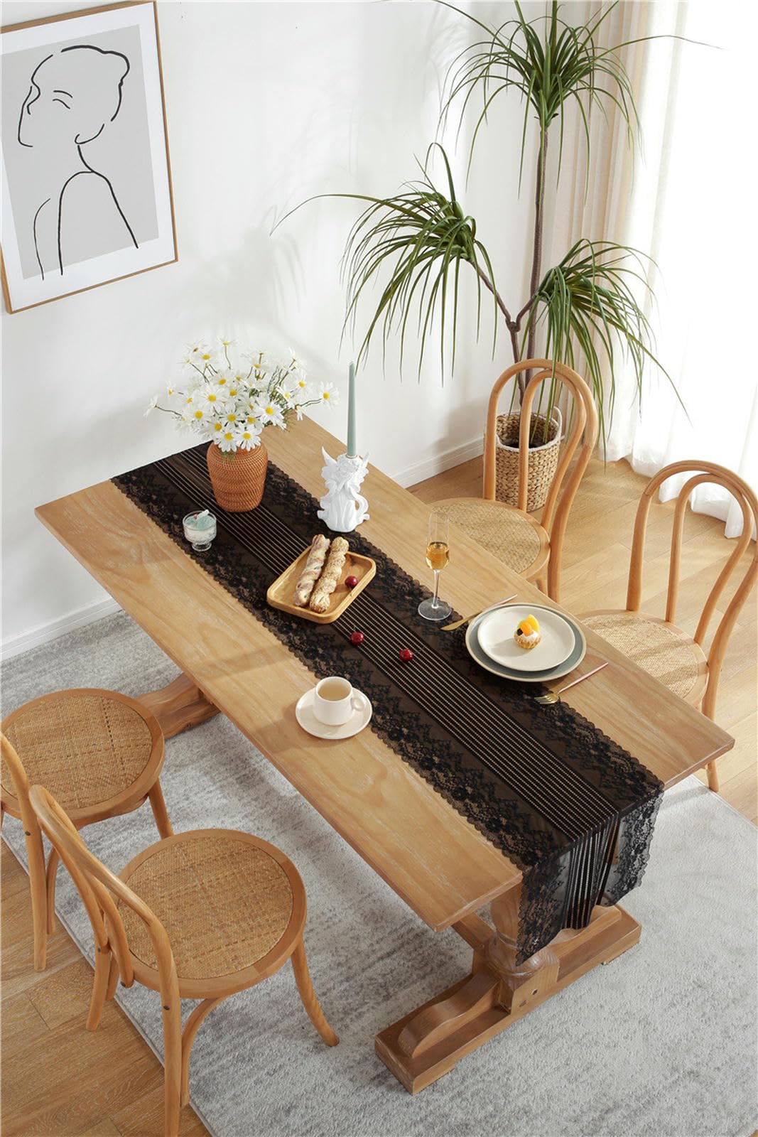 Tovaglie Decorazione di Nozze Runner da Tavola in Pizzo Romantico Francese Bianco E Nero-bianco-300 Cm Lunghezza