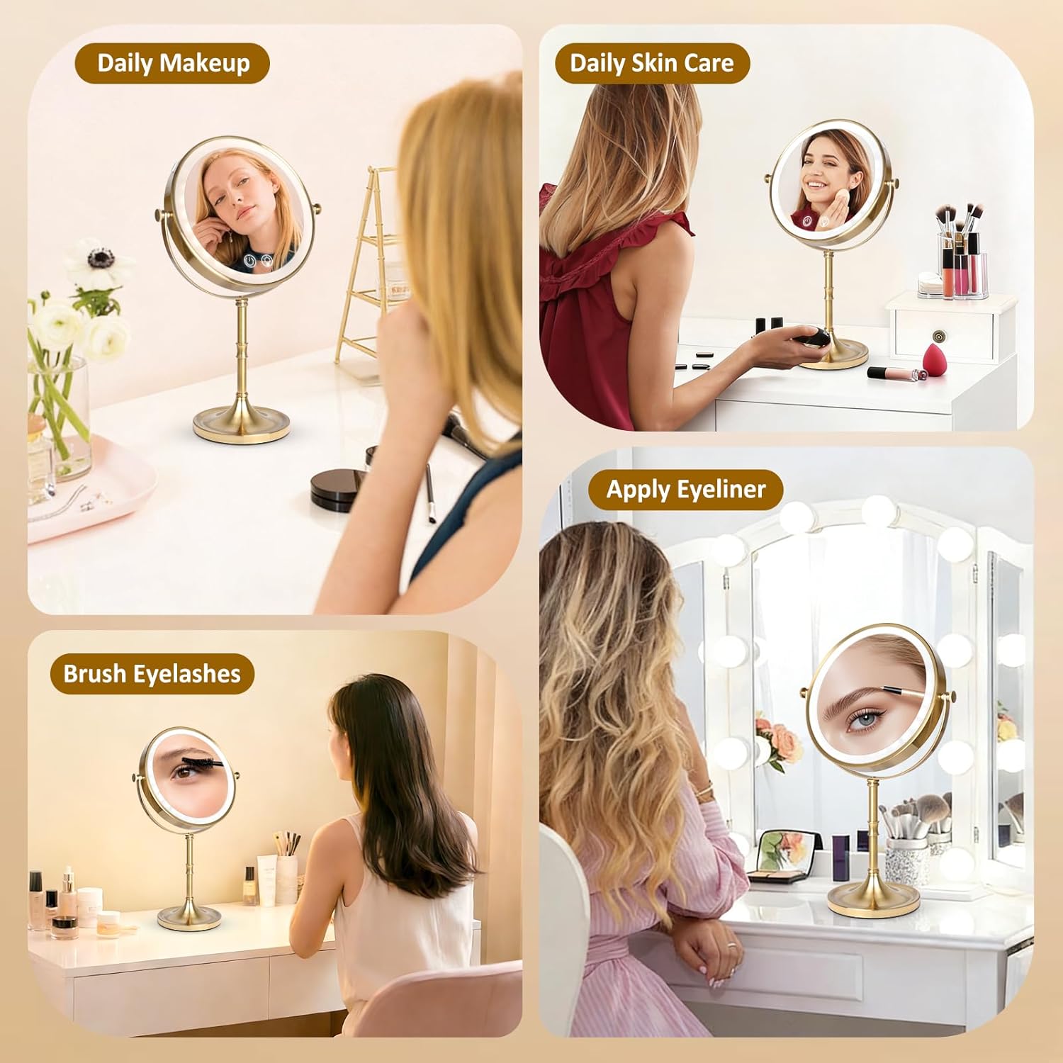 Vanity Mirror with Lights,4000mAh Rechargeable Double Sided Magnifying Mirror with 3 Colors Adjustable,1x/10x Lighted Makeup Mirror,360°Rotation Touch Screen with Memory Function,Gold