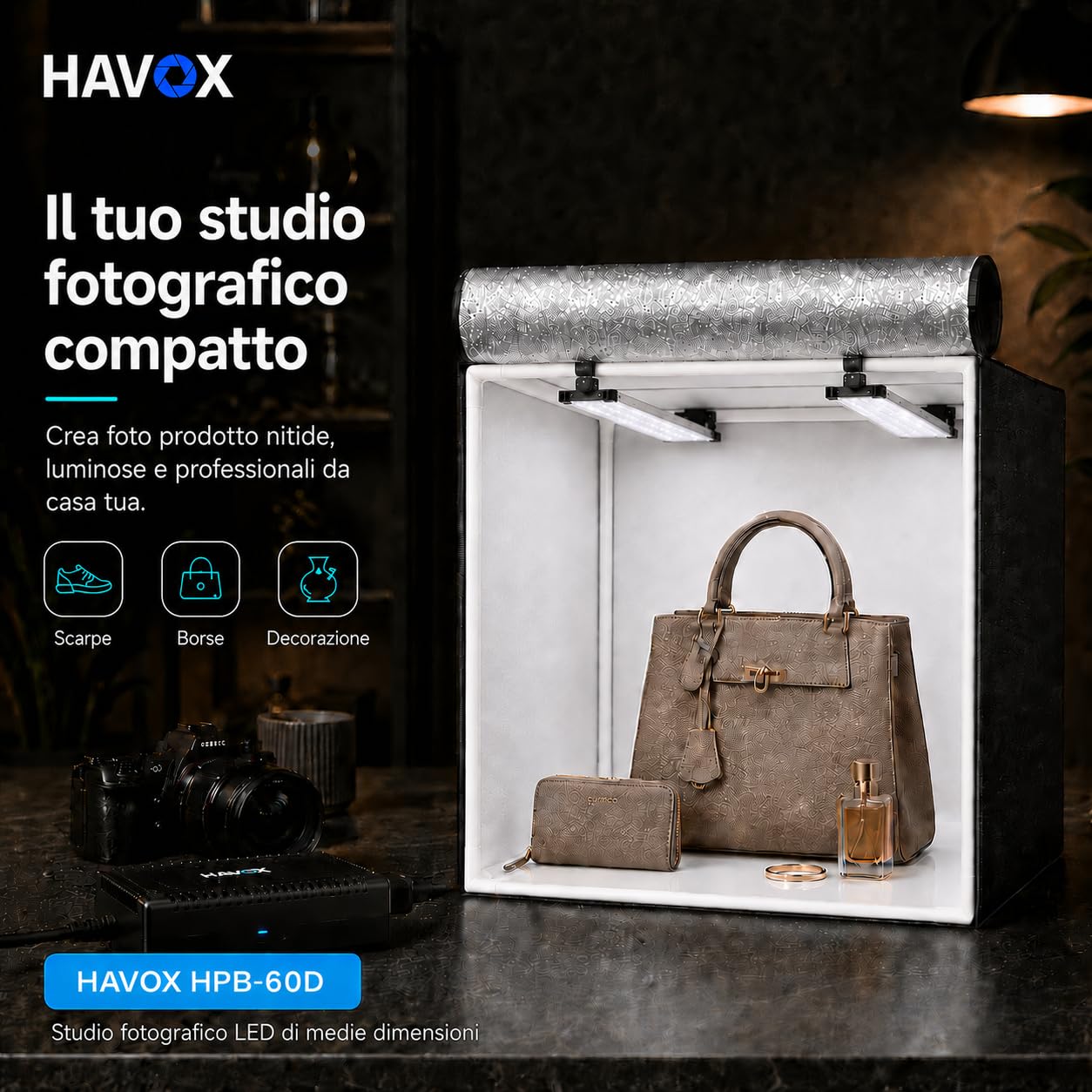 HAVOX Studio Fotografico HPB-60D – Lightbox Portatile 60x60x60 cm – Box Fotografico LED 13000lm – 2 Pannelli Inclinabili – Mini Studio per Fotografia Prodotti, E-commerce, Catalogo