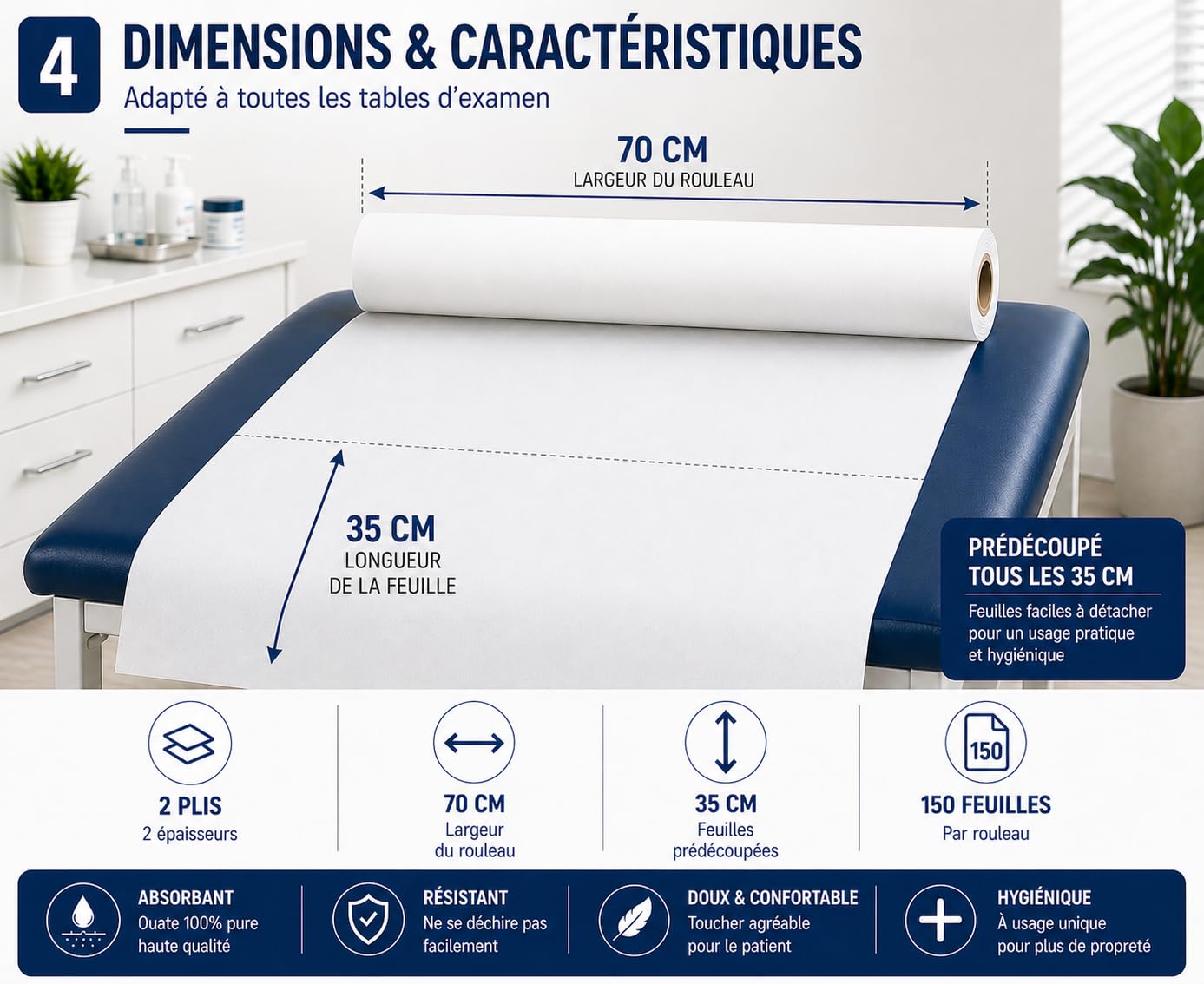 12 Rouleaux grande largeur 70x35cm draps d'examen de qualité professionnelle 100% pure ouate pour table medical massage ésthétique ostéopathe esthéticienne thérapie gynécologie pédiatrie médical