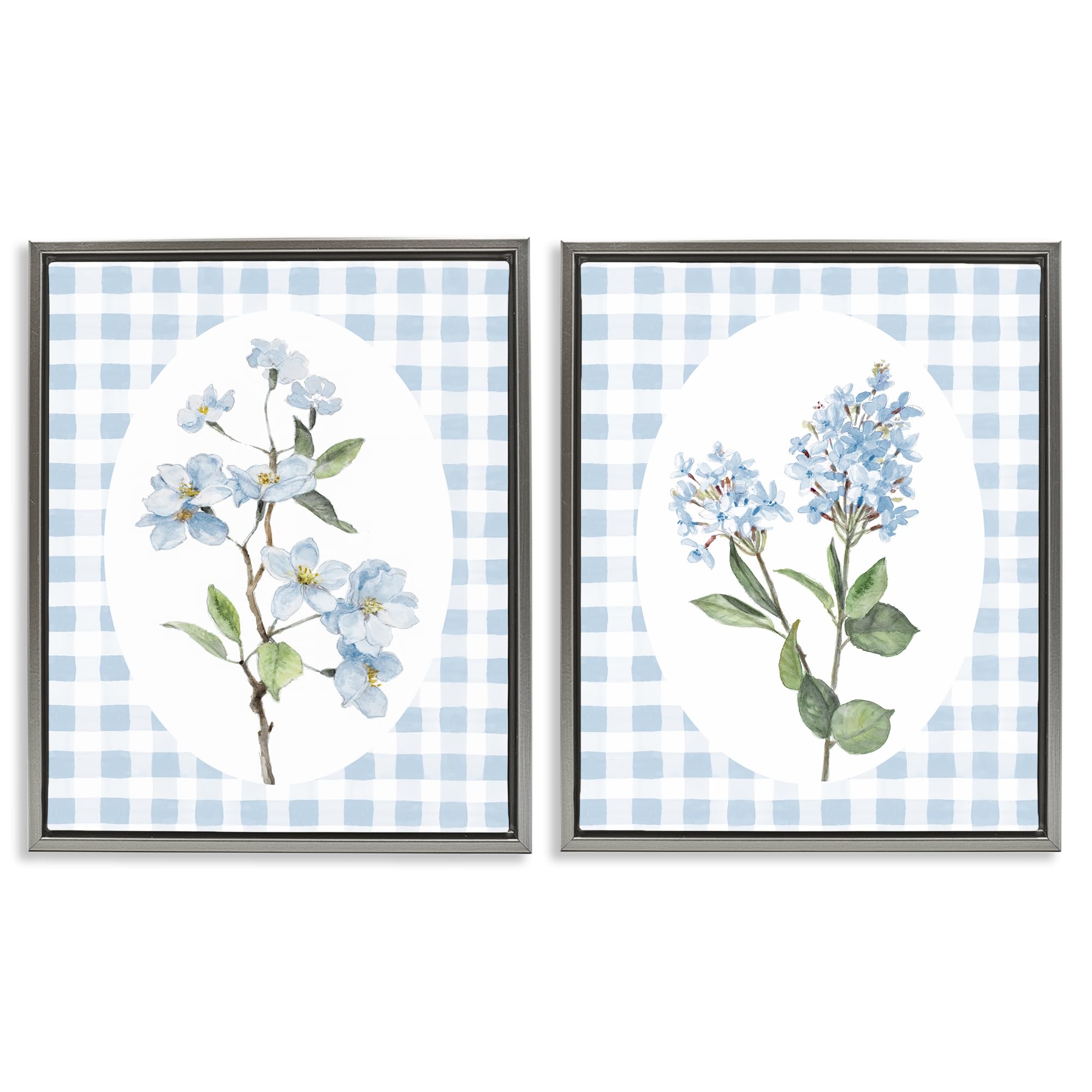 Stupell Industries French Gingham Floral 'Blooms On Blue Checkered', 2Pc Floating Frame Art Set 2, Gray, 25 X 31, Ready To Hang Picture Décor, Usa Made, By Artist Lanie Loreth