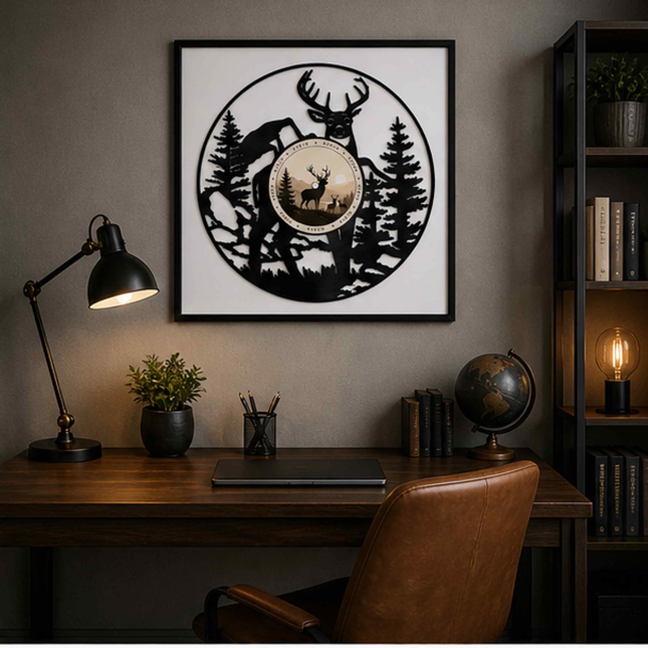 EVEVO Decorazione da parete in vinile con cornice, 32 x 32 cm, cervo, decorazione da parete in vinile, animali selvatici, regalo per cacciatori e amanti della natura