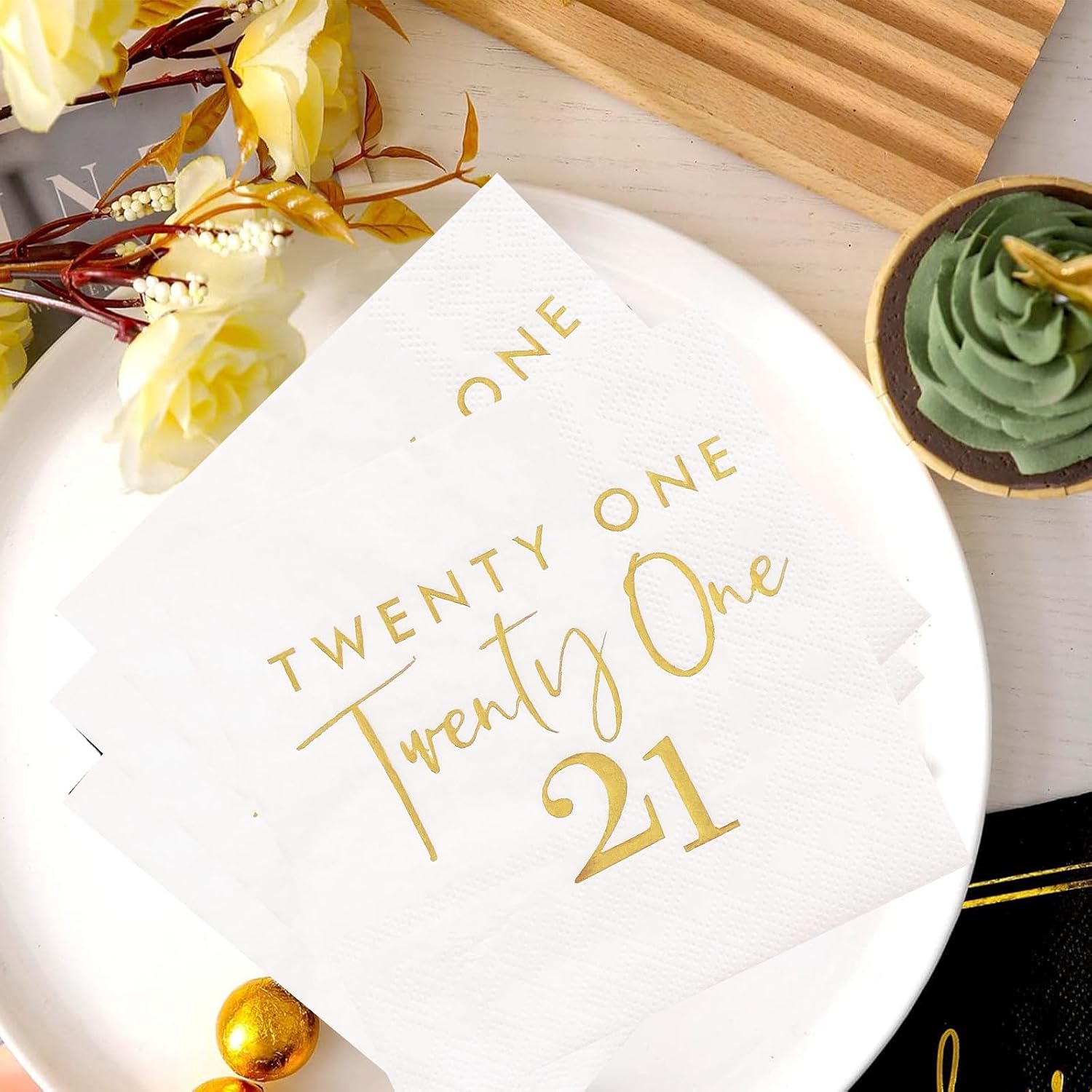 40pcs White and Gold 21st Birthday Cocktail Napkins,21st Birthday Decorations for Her Him 21st Disposable Beverage Napkins 21st Birthday Party Supplies, 10x10 inch