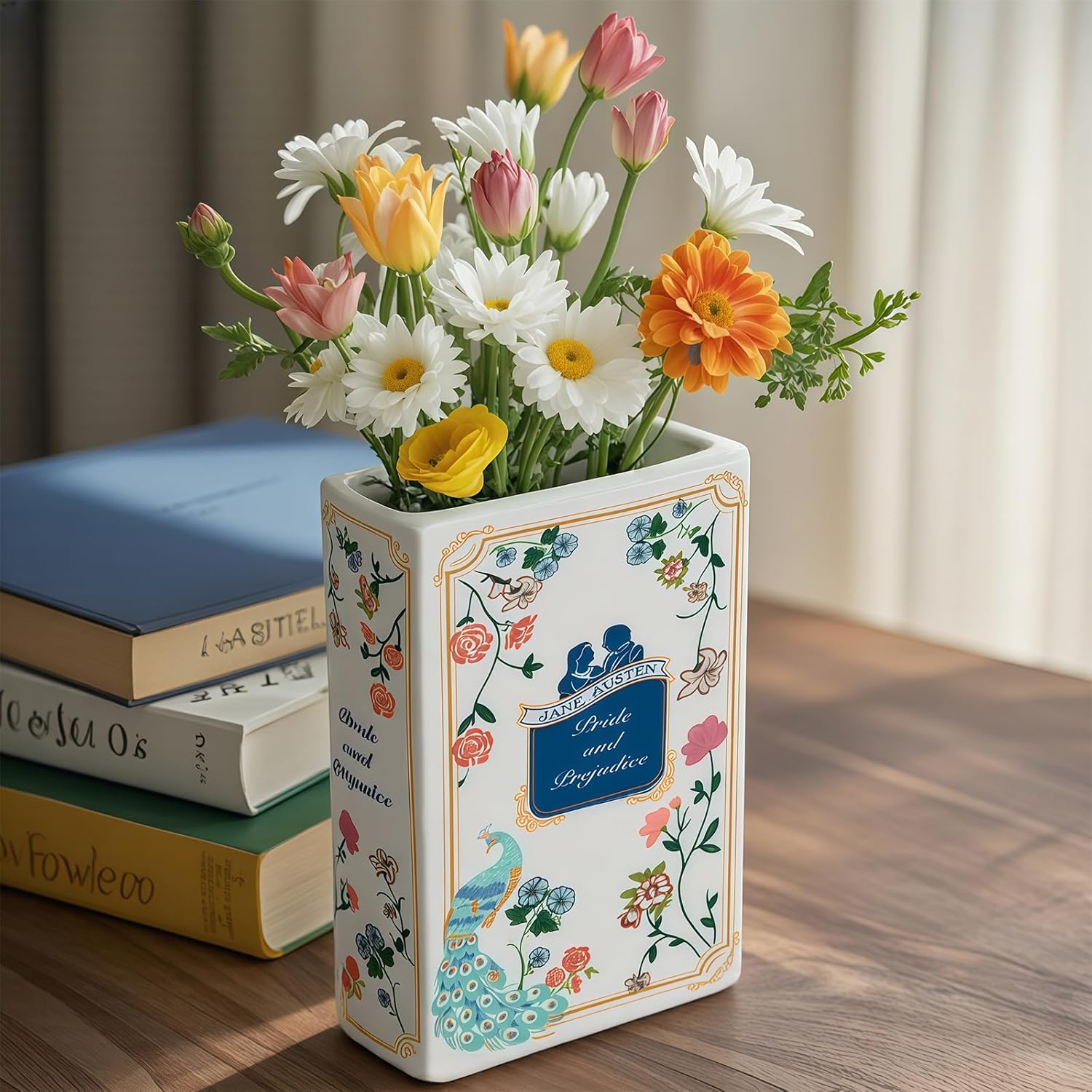 Pride and Prejudice Book Vase for Flowers, Ceramic Book Shaped Vase for Bookcase or Bookshelf Decor - Ideal for Book Lovers（Large）