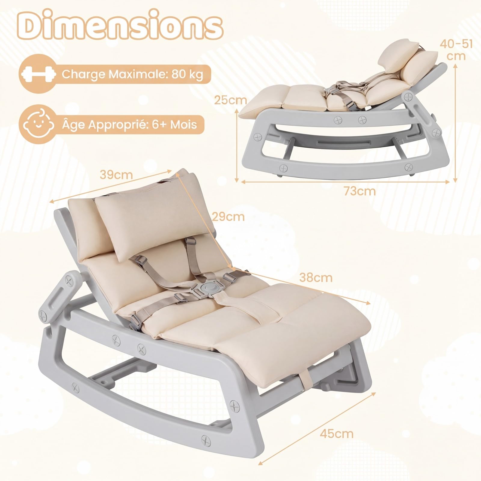 COSTWAY Fauteuil à Bascule Enfant avec Coussin et Appui-tête Amovible, Chaise à Bascule en HDPE avec Dossier Réglables, Rocking Chair pour Intérieur Extérieur, Charge 80kg pour 6 Mois+ (Gris)