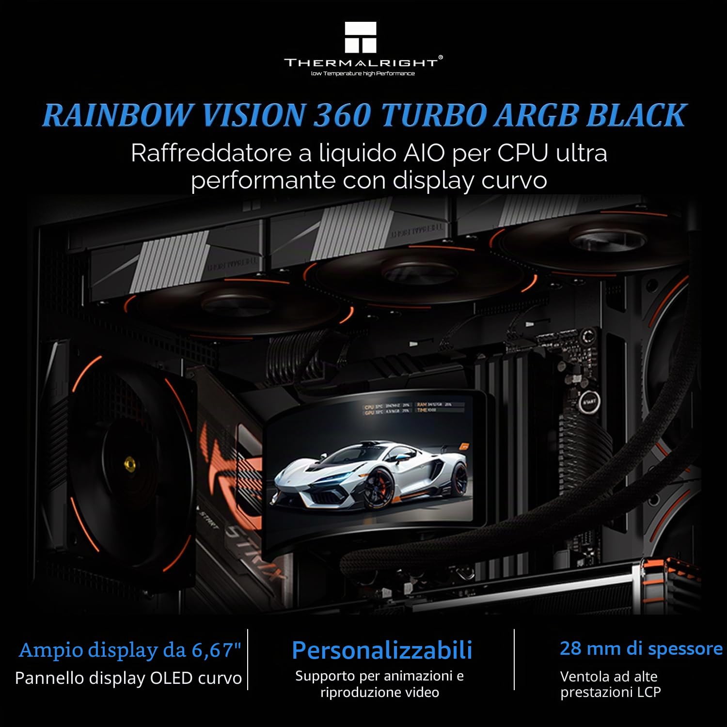 TR Rainbow Vision 360 TURBO ARGB Black AIO, sistema di raffreddamento ad acqua, schermo curvo da 6,67 pollici con risoluzione 2400 x 1080, per AM4 / AM5, LGA1851 / 1700, sfondo fai da te