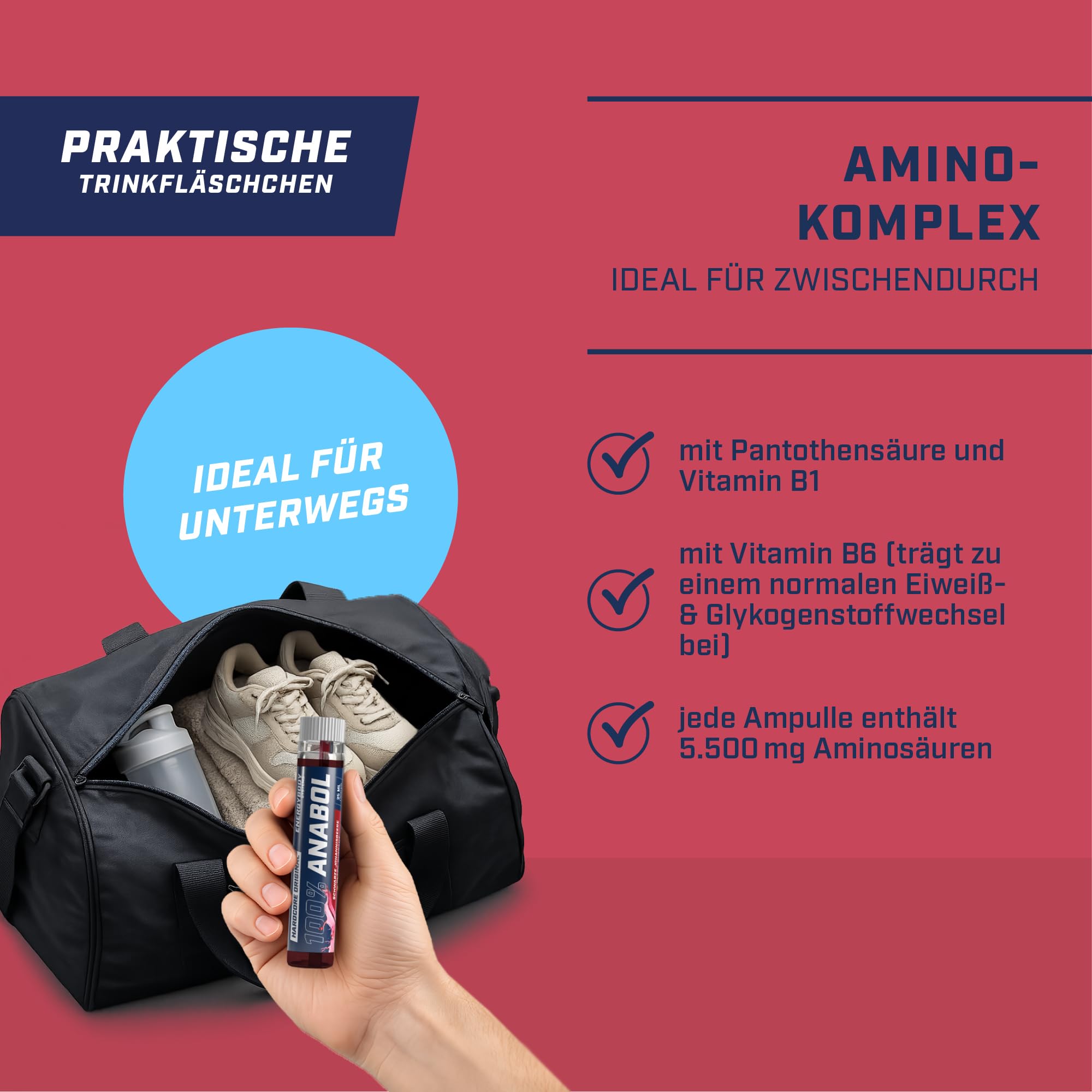 Energybody® 100% Anabol Aminosäuren Komplex hochdosiert flüssig - 30x25ml Ampullen - Amino Liquid mit 19 essentiellen EAAs, BCAAs & Vitaminen - Schwarze Johannisbeere