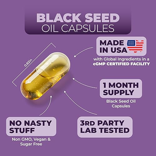 Miniatura 4 de Cápsulas de aceite de semilla negra  Aceite de semilla negra prensado en frío. Proporciona vitamina E y Omega 3 6 9. Alta potencia (1500 mg) para