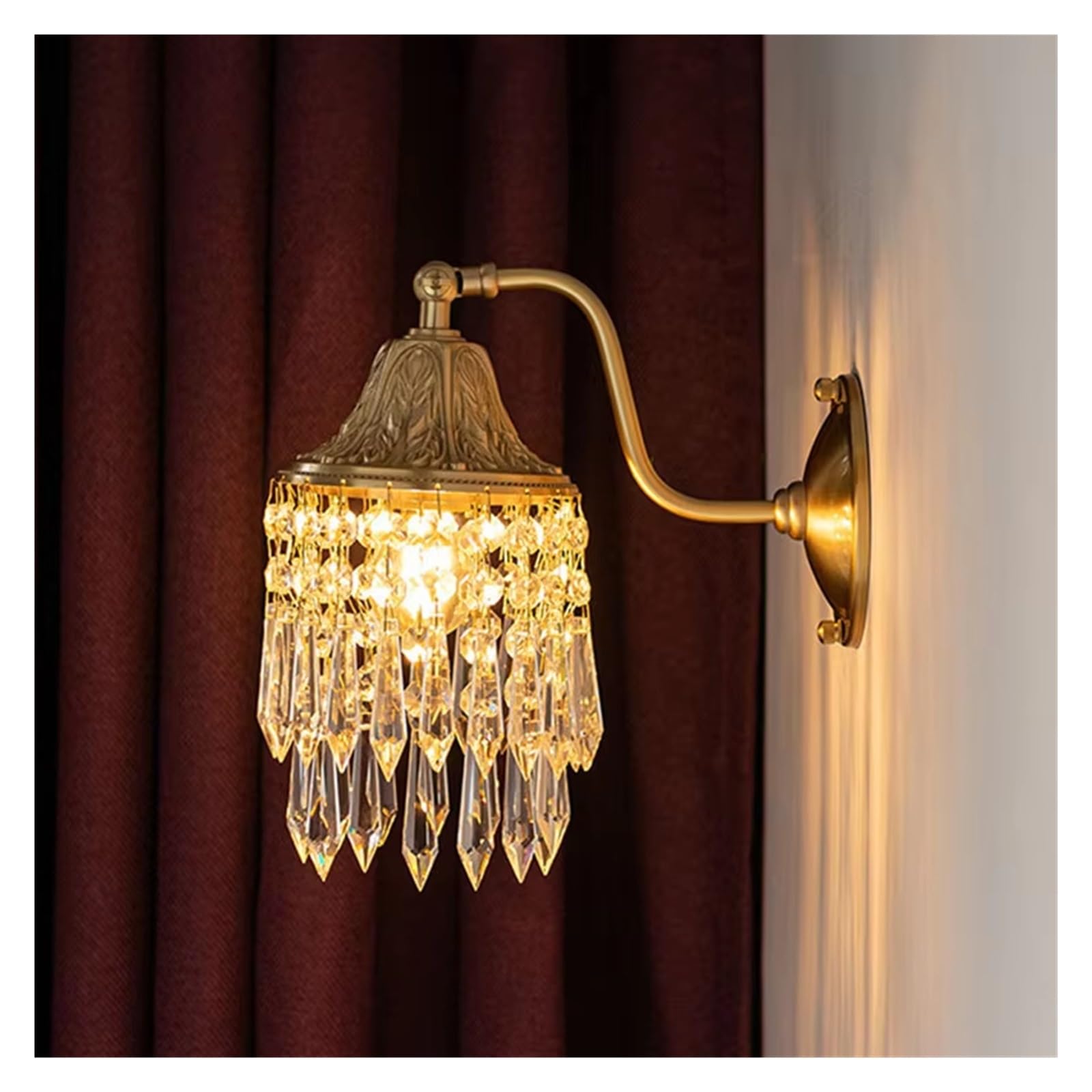 ZTCHSENZT Luxury American Retro Copper Crystal Wall Lamp Creative French Living Room Tv Background Bedroom Bedside Led Lighting,Warm light