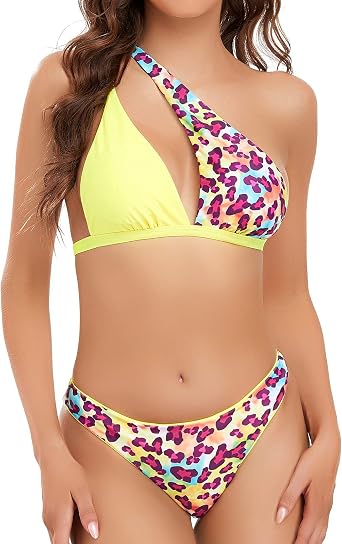 Edelqual Women Bikini Swimsuit Asymmetry Chest Cutout Top and High Cut Bathing Bottom Two Piece Sexy Swimwear Set CLE, L