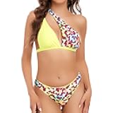 Edelqual Women Bikini Swimsuit Asymmetry Chest Cutout Top and High Cut Bathing Bottom Two Piece Sexy Swimwear Set (CLE, L)