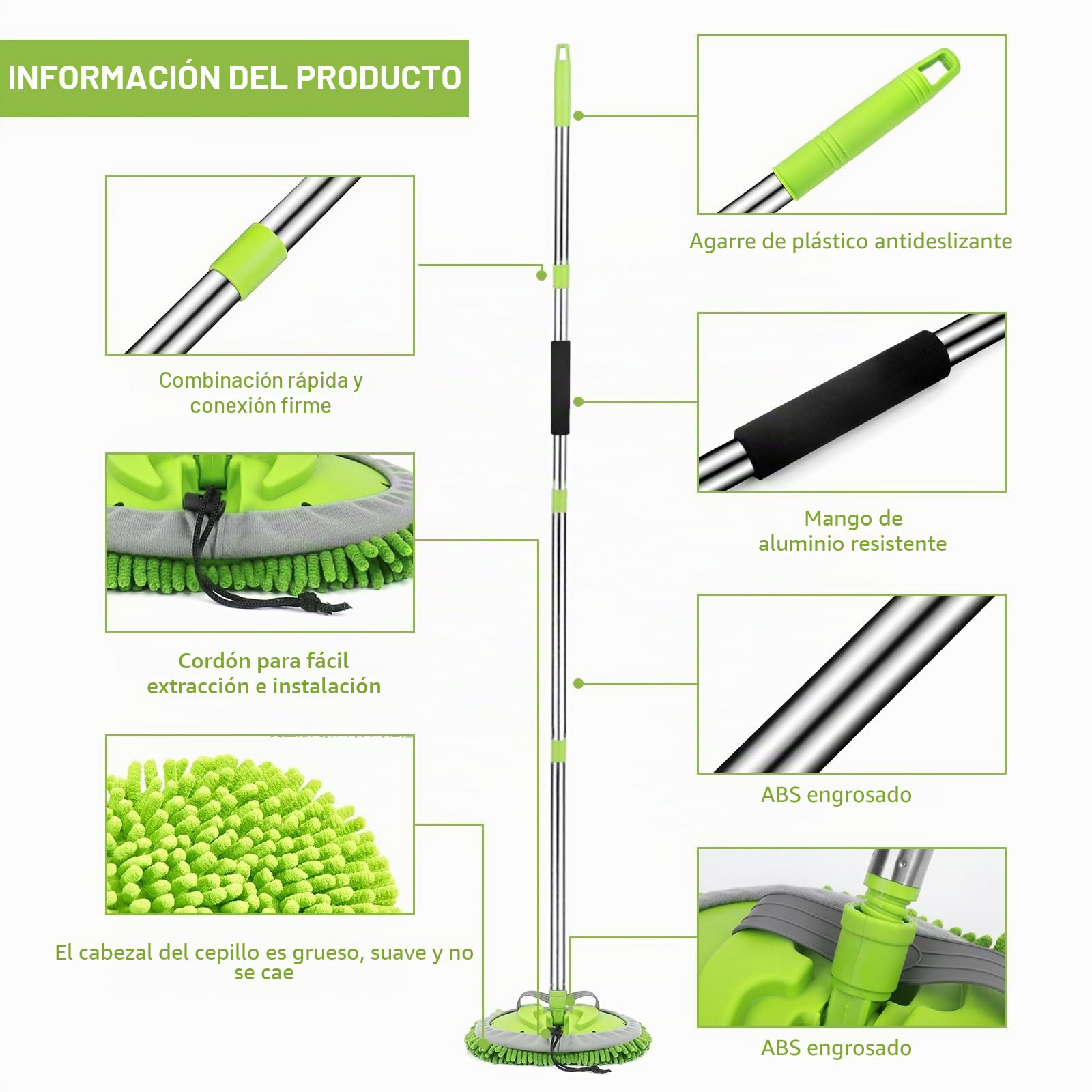 Kit de limpieza de coche, 62 pulgadas, guante de fregona con mango largo, juego de cepillos de detalles de coche, suministros completos de limpieza de coche