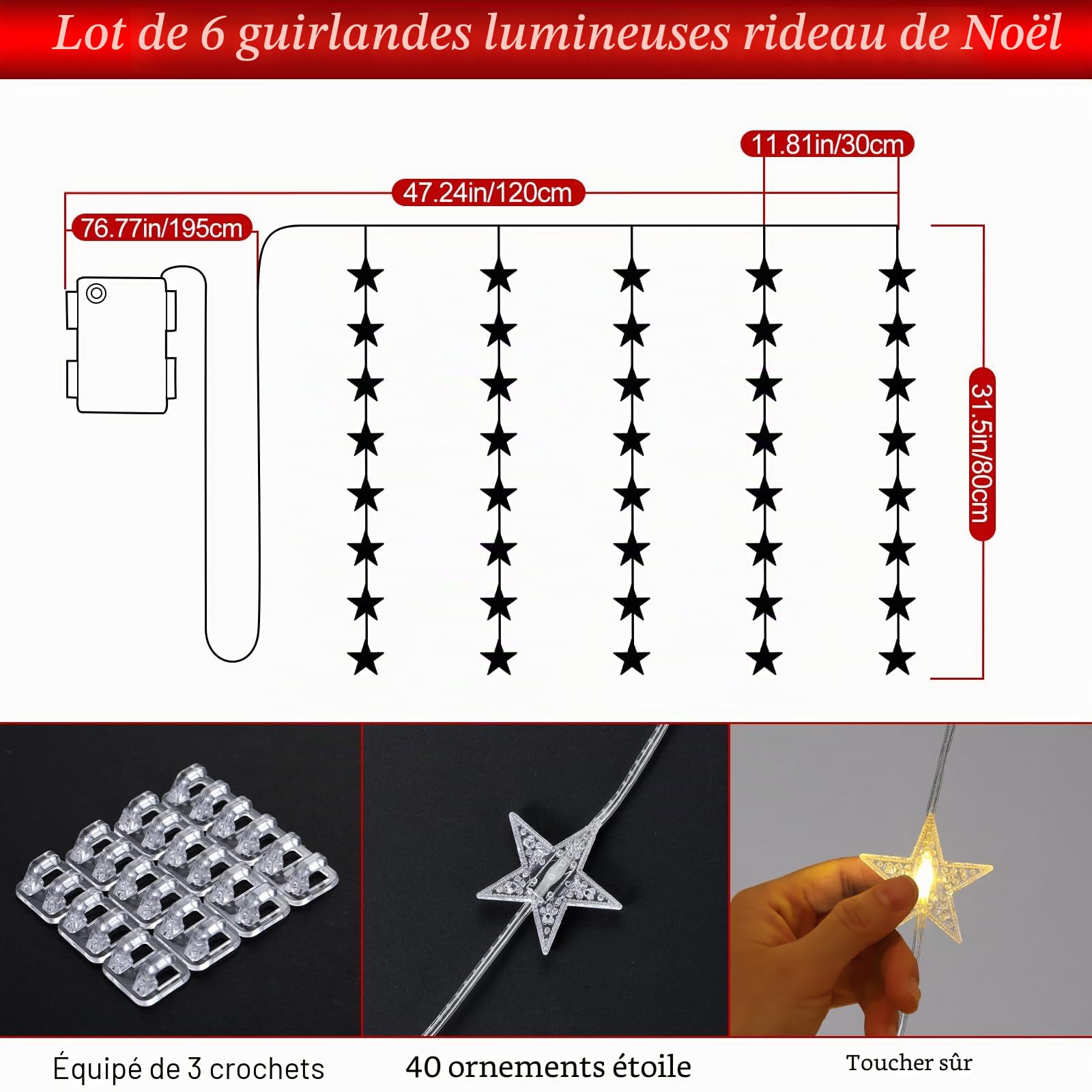 Lewondr 40 LED Guirlande Lumineuse Rideau De Noël, 6PCS Guirlandes Suspendues Avec Minuterie 6H & 8 Modes, Guirlande Sur Piles Pour Décoration Intérieure Chambre Noël Mariage Fête, Lumière Chaude