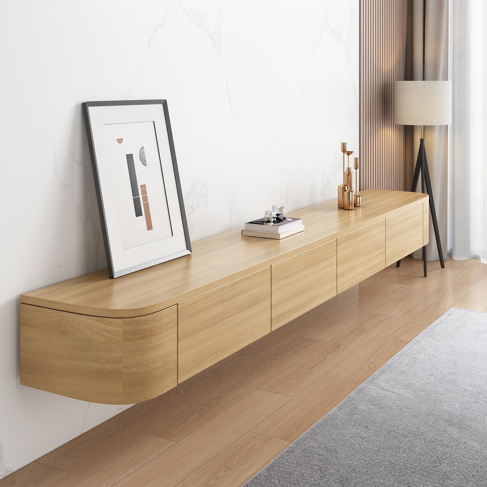 HYANXUE Floating TV Unit with Flip-Down Doors & Drawers 200cm Wall Mounted TV Stand, Storage TV Bench Under TV for Bedroom Livingroom（Wood2）