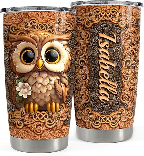 SANDJEST Vaso personalizado de dibujos de madera de búho, vasos aislados de 20 onzas y 30 onzas con tapa, taza de viaje para café, taza para