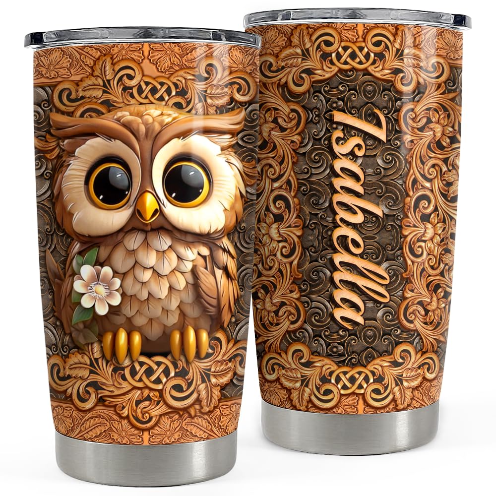 SANDJEST Personalized Owl Wood Drawings Tumbler 20oz 30oz Insulated Tumblers with Lid Coffee Travel Mug Cup for Women Owl Gifts for Birthday