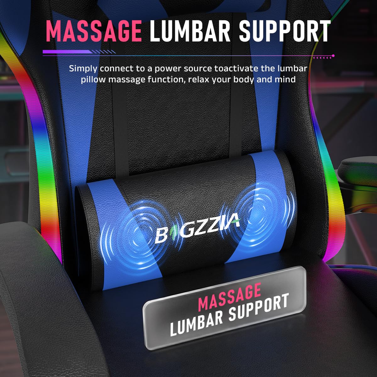 bigzzia Sedia Gaming, Sedia Ergonomica con LED per Videogiochi, Sedia da Gioco con Cuscino Lombare Massaggiante e Poggiatesta per Giocare, Studiare e Lavorare in Ufficio (Blu)