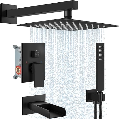 Miniatura 17 de Midanya Sistema de ducha de lluvia, juego de grifo de ducha para bañera, cabezal de ducha cuadrado de cascada con rociador de mano, boquilla