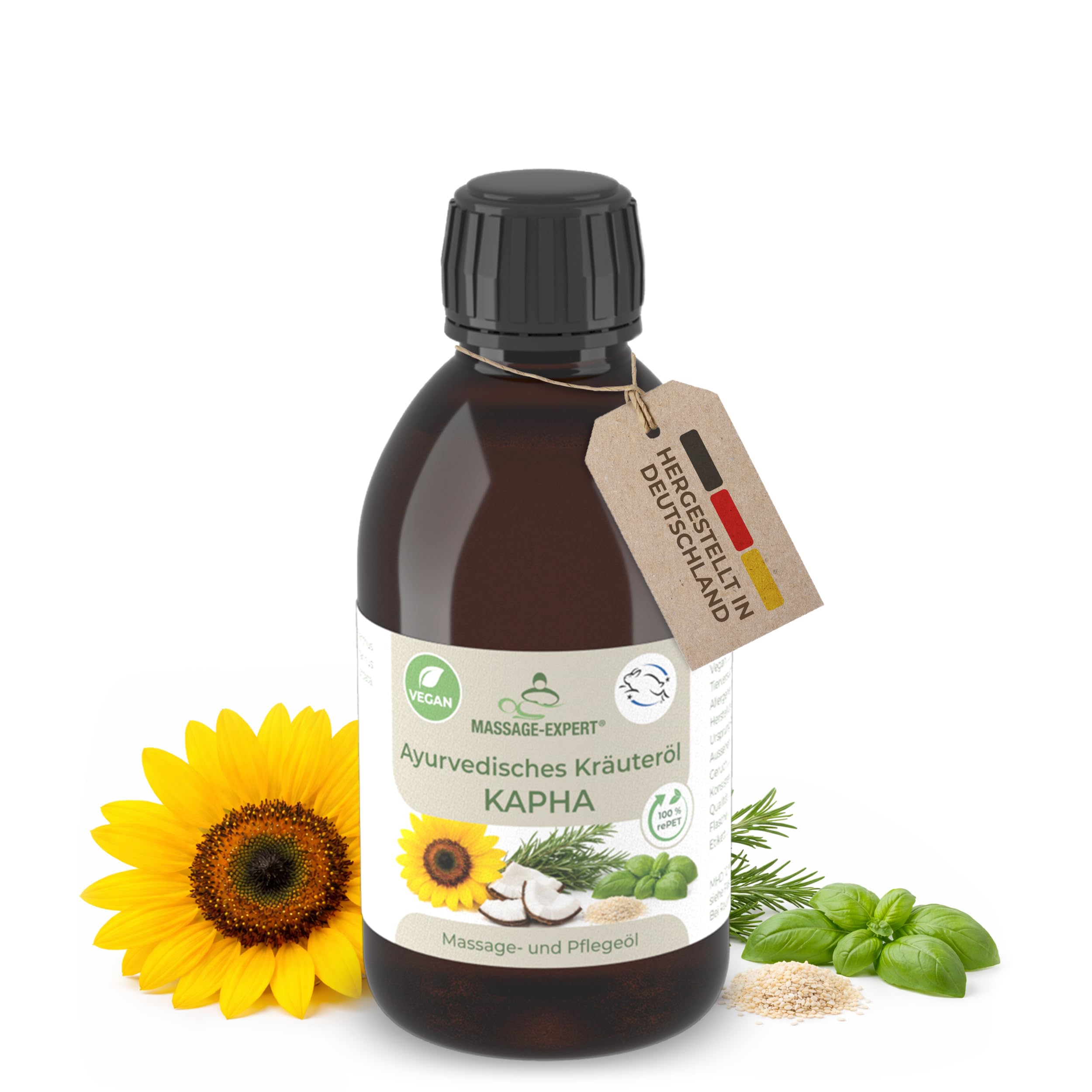 MASSAGE-EXPERT Ayurveda Kräuteröl KAPHA – Natürliche Ölmischung mit Kräuterextrakten für Massage & Pflege (250 ml rePET-Flasche mit Spritzeinsatz)