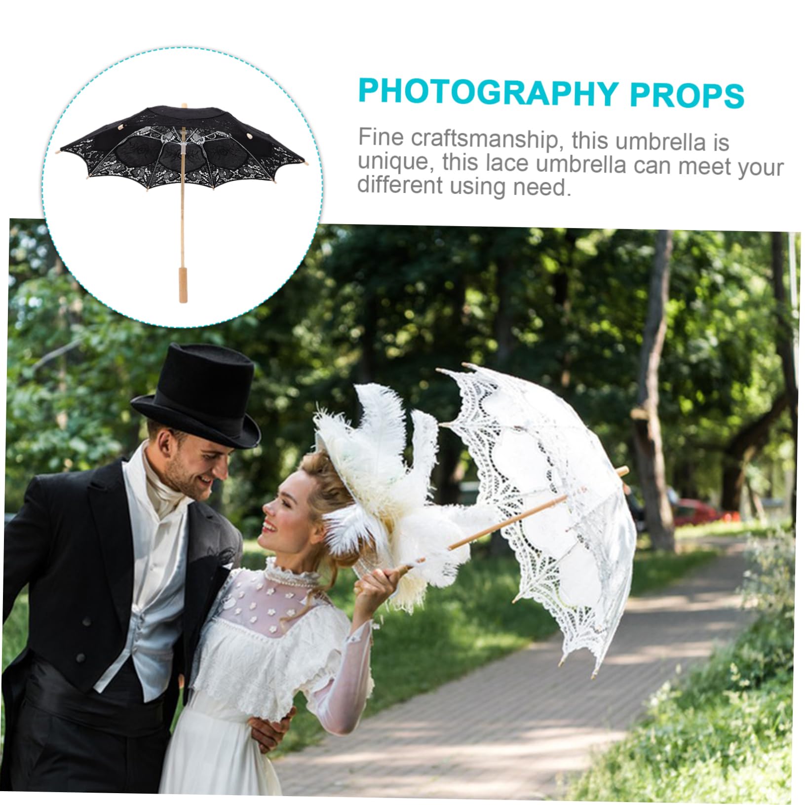 Yardwe Hochzeitsschirm Brautschirm mit Spitze und Lace für Fotografie | Schwarz, Zarte Elegante Optik, für Kinder Tanz und Teeparty, Dekorative Requisite