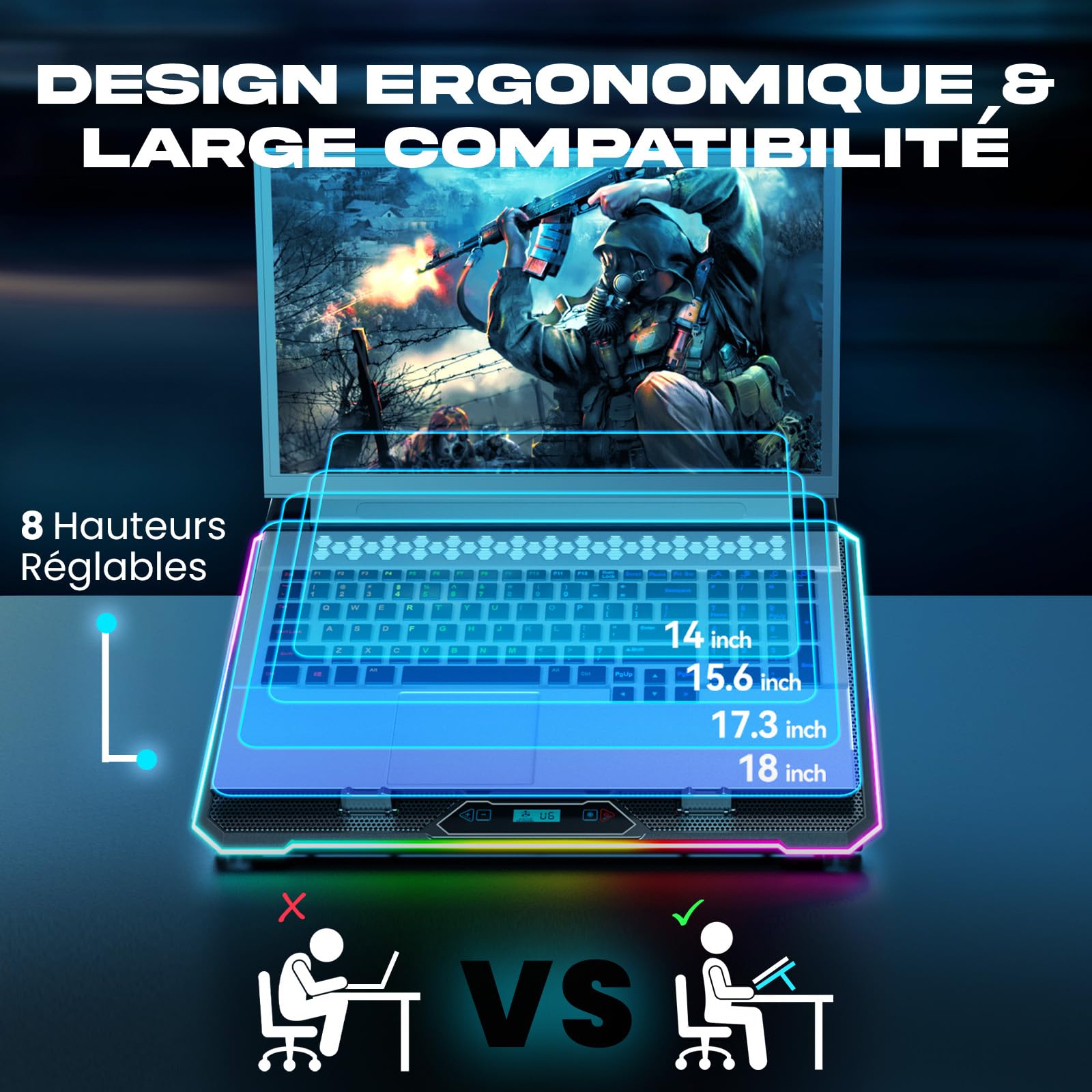 KLIM V15 Refroidisseur PC Portable + 15 Ventilateurs RGB + Ventilateur PC Portable + Support Pc Portable Gaming 10-17 Pouces + 2 Ports USB + Porte-Smartphone + Protection 5 Ans