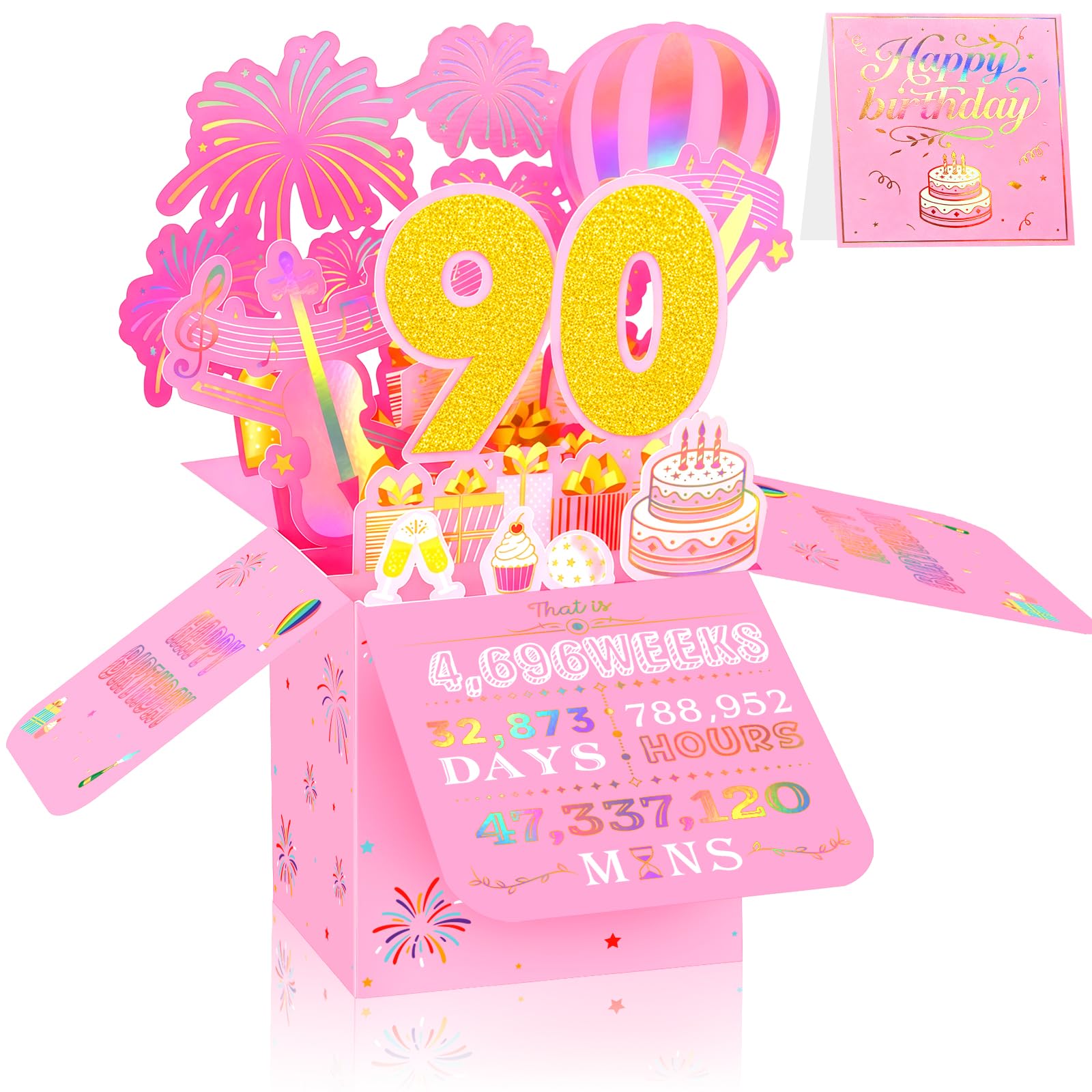 90th Birthday Card for Women, 3D Pop Up Birthday Greeting Card, Pink & Gold 90 Years Old Birthday Decorations for Her, Ideal for Mother, Sister, and Special Cousin