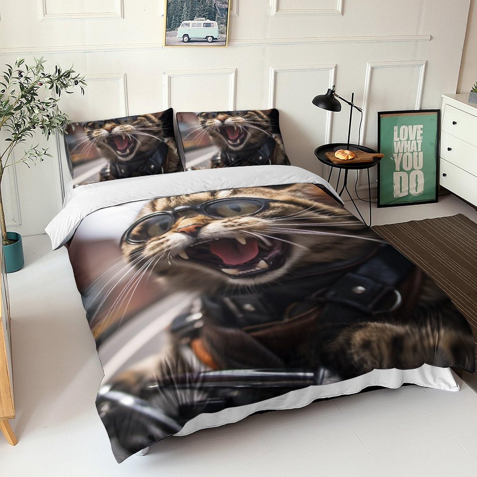 Parure de lit chat 220x240 cm avec lunettes moto et taies d'oreiller