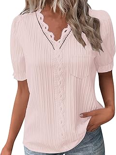 Camisas de moda con cuello en V para mujer, bordadas, manga corta, verano, recortada, encaje, tops occidentales, playa, manga abombada, blusas de negocios, color sólido, ligeras, con ojales