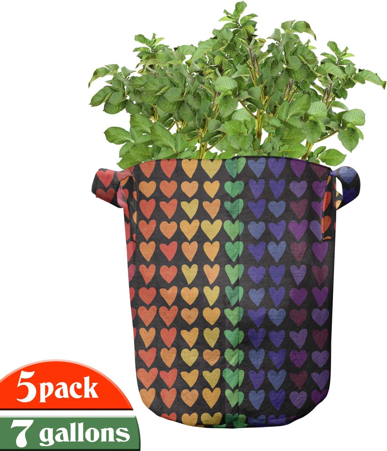 Lunarable Yellow Striped Grow Bags 5-Pack, Colorful Heart Motif, Heavyduty Fabric Pots with Handles for Plants, 7 Gallon, Multicolor