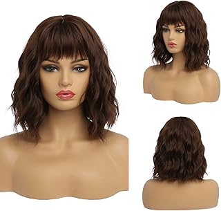 شعر مستعار صناعي مموج متوسط الطول مع غرة للنساء، باروكة بتسريحة مجعدة بطول الكتف - 40.64 سم - 35 سم إلى 40 سم - JW58-8 - بني متوسط