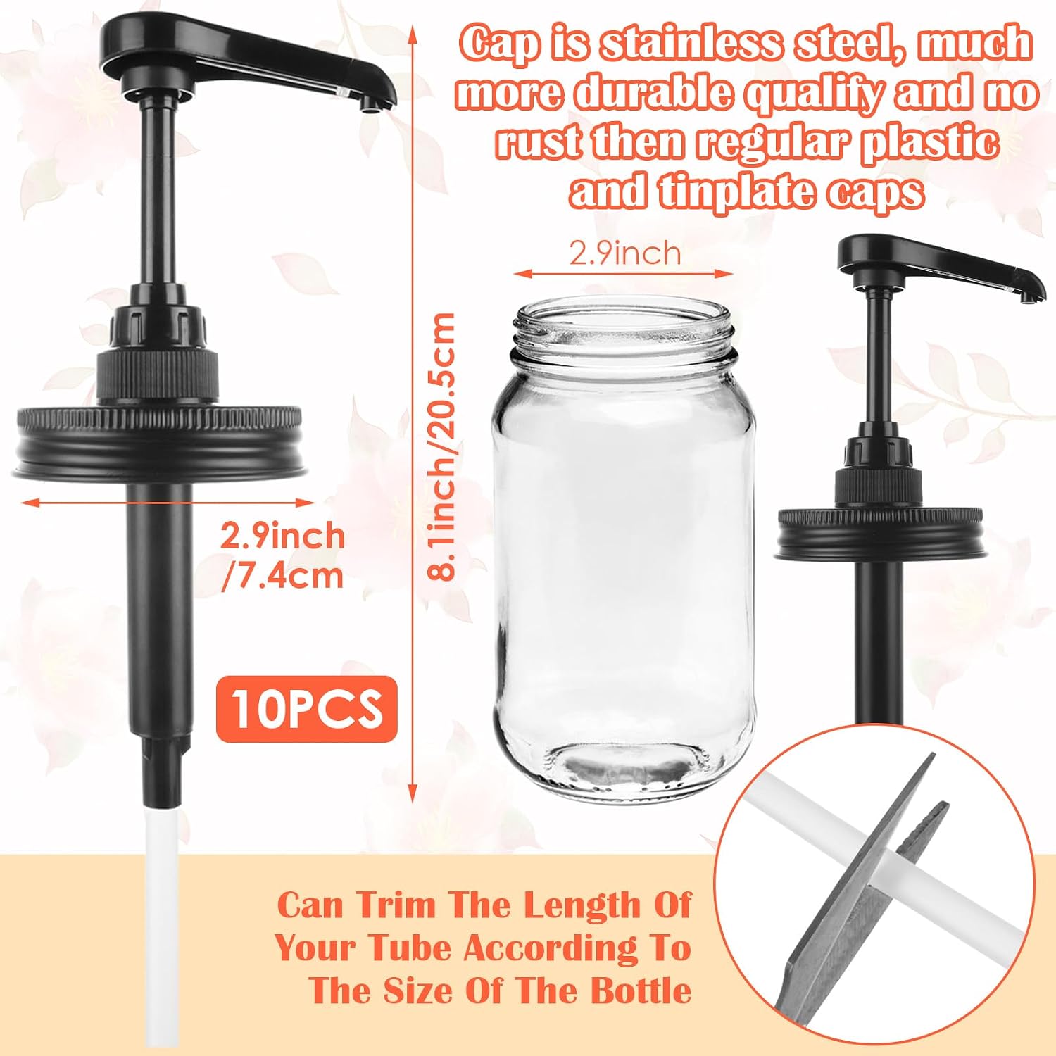 LANIAKEA 10 Pack Mason Jar Syrup Dispenser Pump Lids Coffee Syrup Dispensers for Regular Mouth Mason Jars with Rust Proof Plastic Pump for Honey Liquid Condiments Ketchup Coffee Glaze