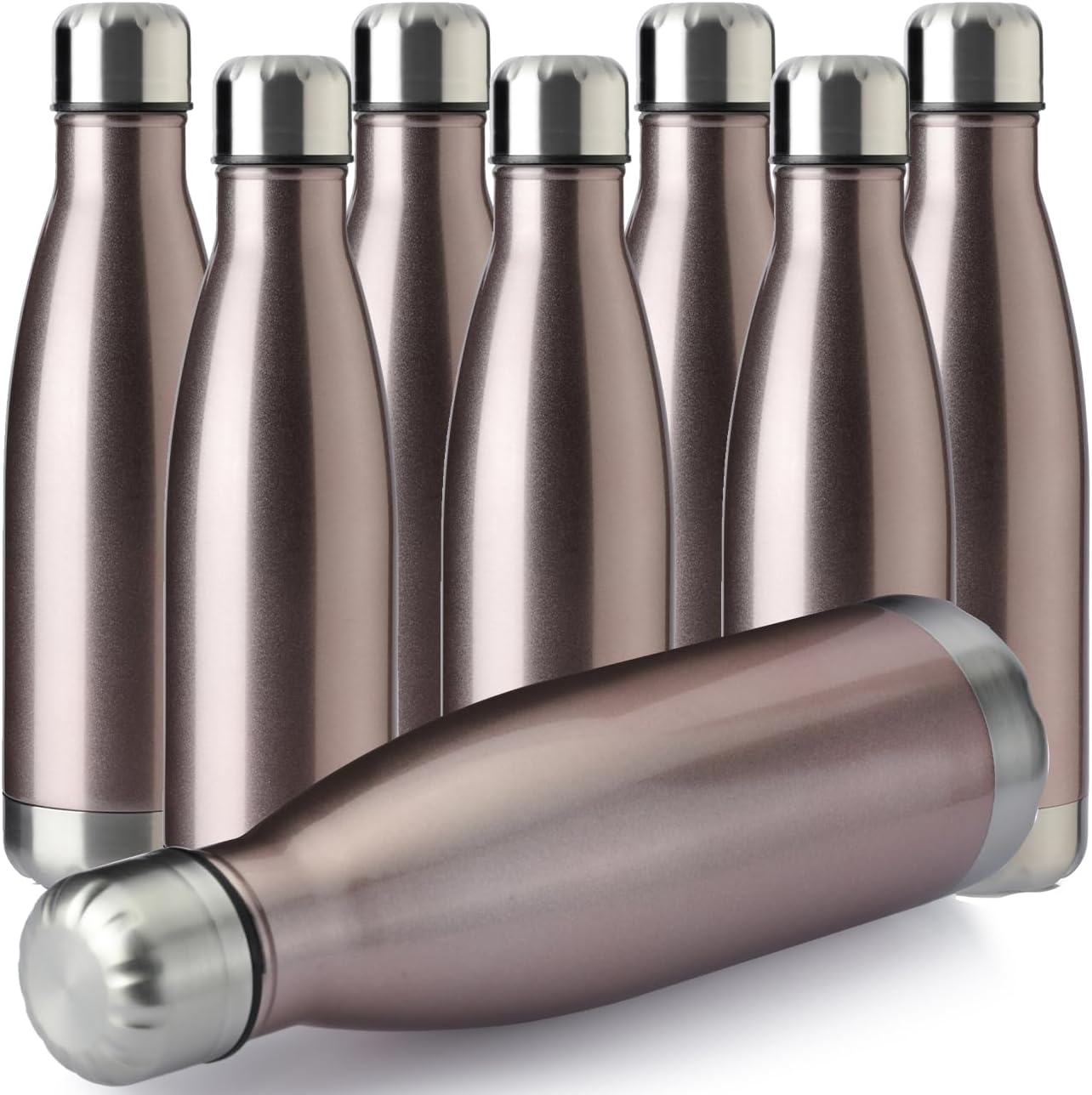 MEWAY 17oz Sport Water Bottle 8 Pack Vacuum Insulated Stainless Steel Leak-Proof Double Wall Cola Shape Water Bottle,Keep Drinks Hot & Cold (Rose Gold,8 Pack)