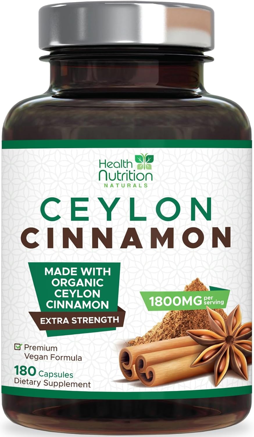 Organic Cinnamon Capsules 1800mg – Pure Ceylon Cinnamon Supplements, Certified Organic, Non-GMO, Gluten Free, Vegan, True Cinnamon Powder, Antioxidant Cinnamon Pills Supplement – 180 Count Capsules