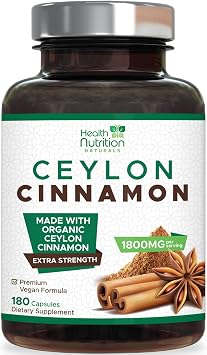 Ceylon Cinnamon Capsules - 100% Extra Strength Cinnamon Pills - Certified Organic Ceylon Cinnamon Powder - Energy & Heart Support - Gluten Free & Sugar Free Supplement - Bottled in USA - 180 Capsules