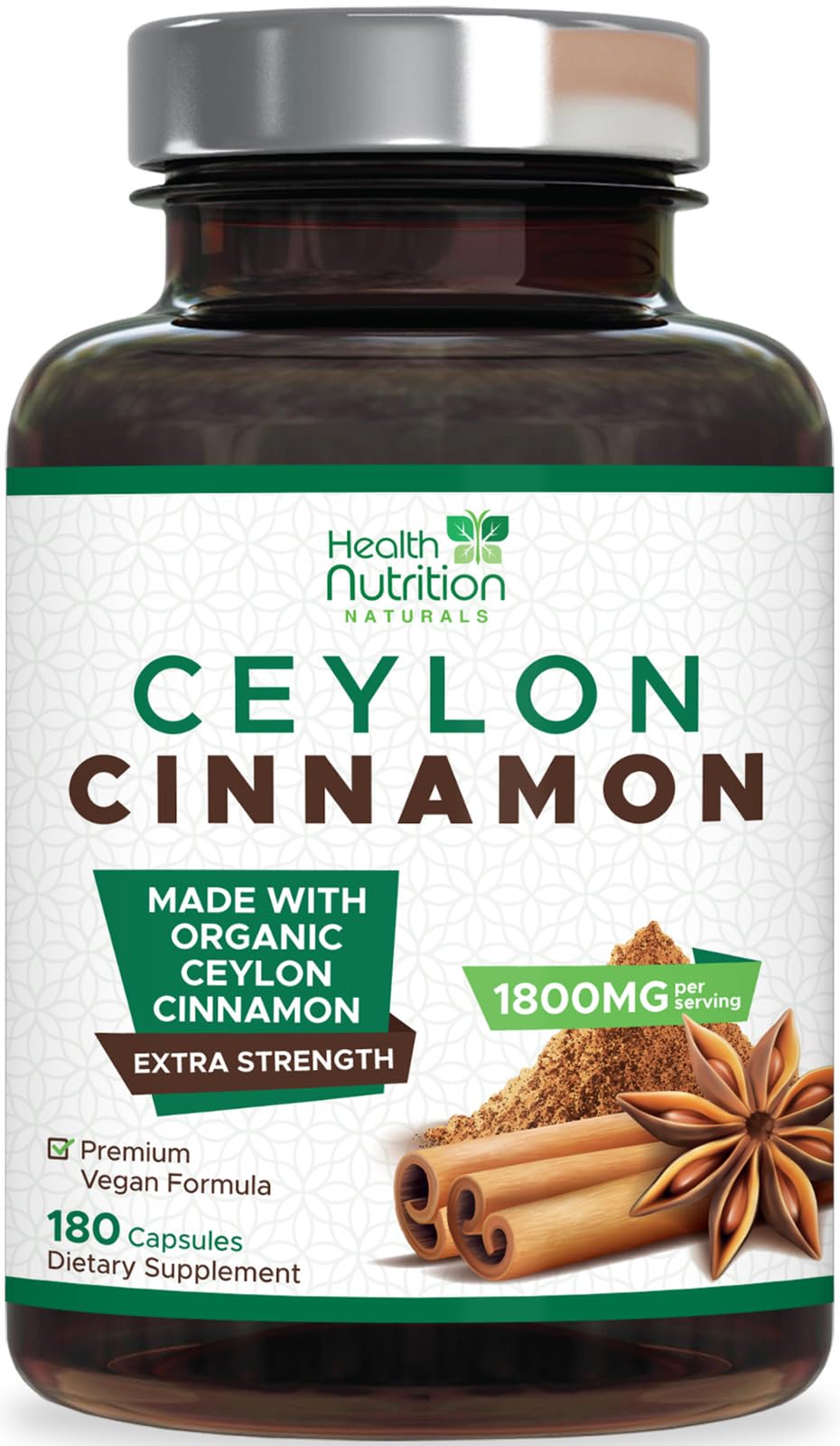 Ceylon Cinnamon Capsules 1800mg - Certified Organic Ceylon Cinnamon Powder Supplement, Bottled in USA, Extra Strength Energy & Heart Support Pills, Non-GMO & Gluten Free, Sugar Free - 180 Capsules