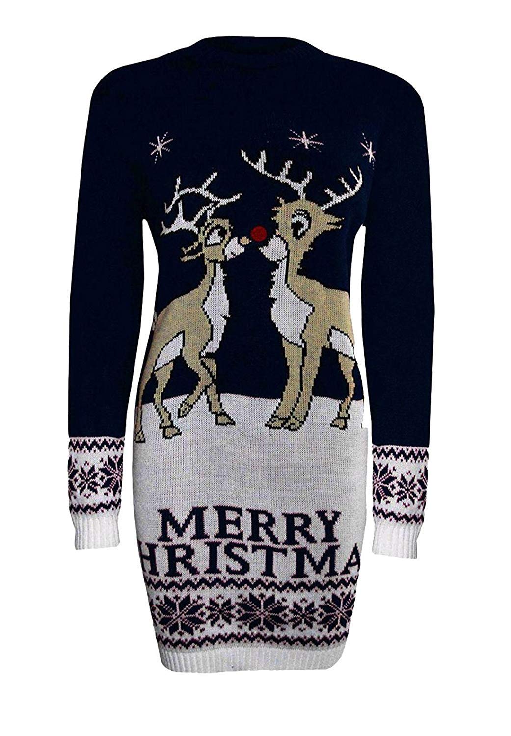 GirlzWalk ® Women Two Reindeer Merry Christmas Knitted Sweater Ladies Novelty Xmas Party Midi Tunic Jumper Dress (Navy, SM)