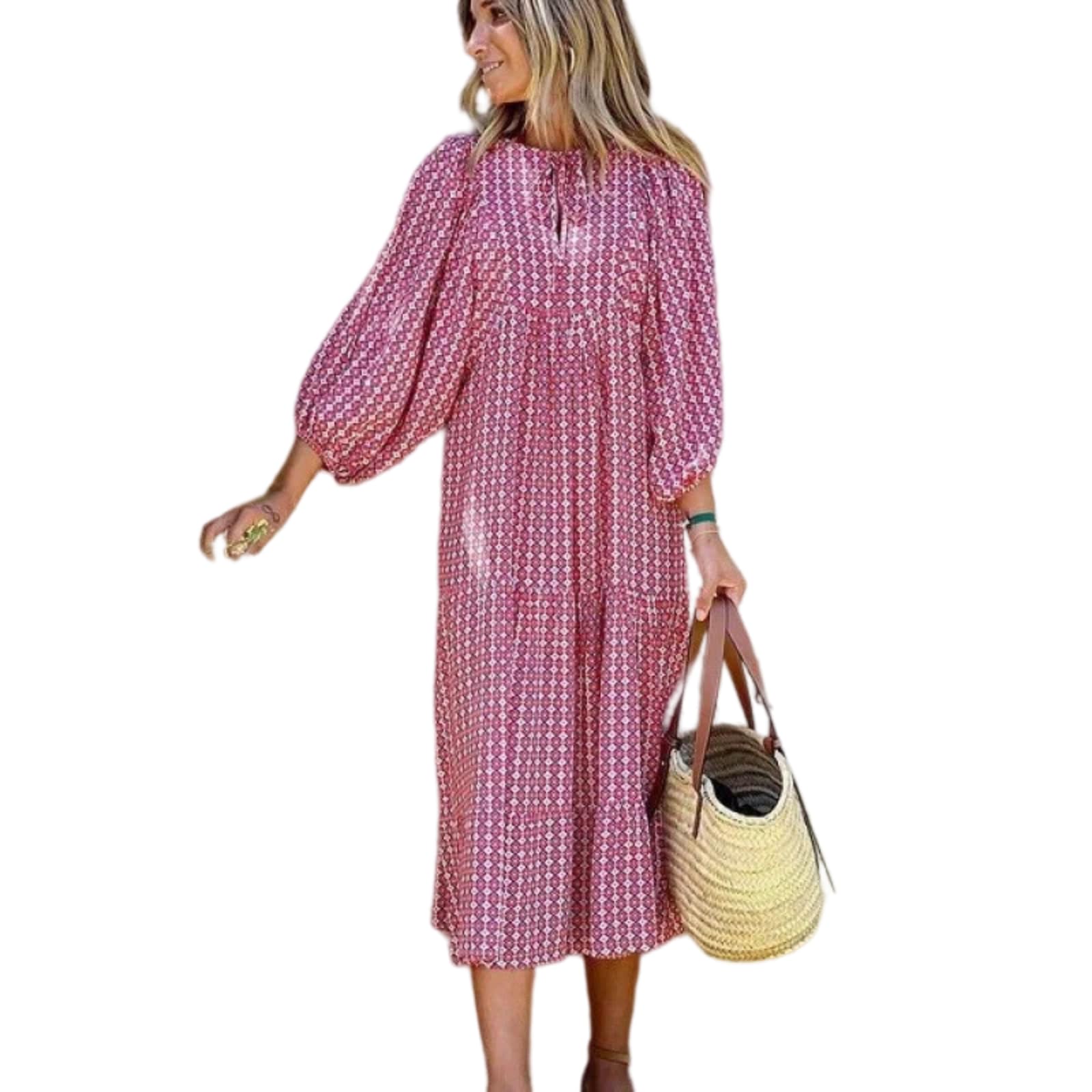 Vestido Largo de otoño de Escote en V con Mangas abullonadas y Multicolor Estampado(Roja -A,as4,Alpha,l,Regular,Regular)