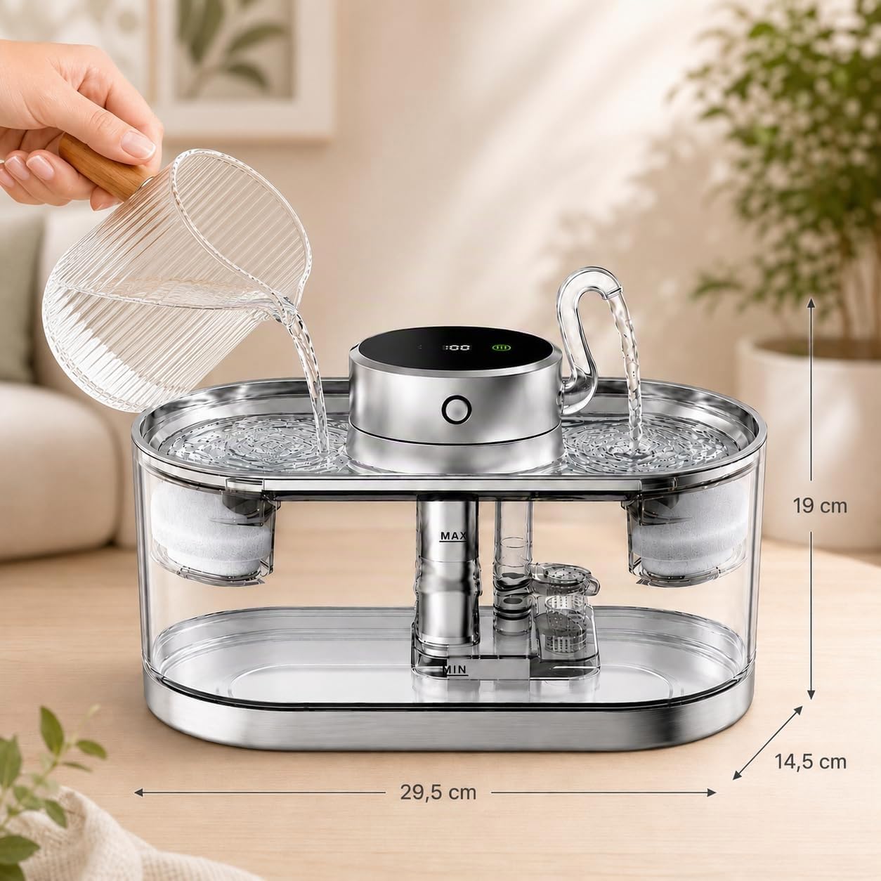 Katzenbrunnen kabellos 3L mit 5000mAh Akku und Bewegungsmelder | Flüsterleiser Betrieb, Edelstahl-Wasserschale, mehrstufiges Filtersystem, einfache Reinigung, für mehrere Haustiere