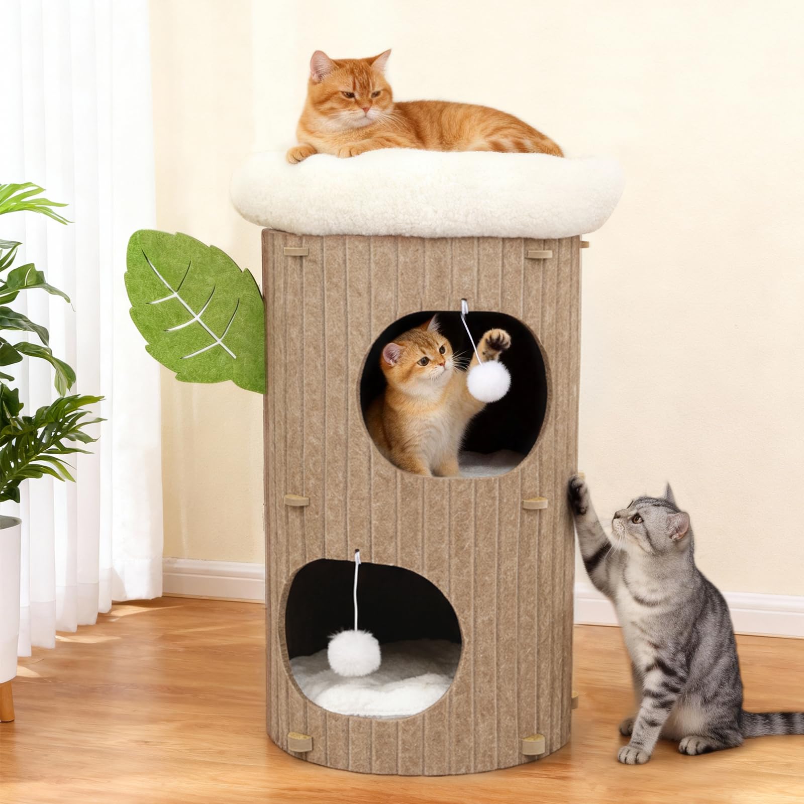 BSWAY Kratzbaum mit Kratztonne/Katzenbaum mit Katzenschlafhaus/3 Stöckige Kratztonne für Katzen/Erhöhtes Katzenbett Sofa aus Holz